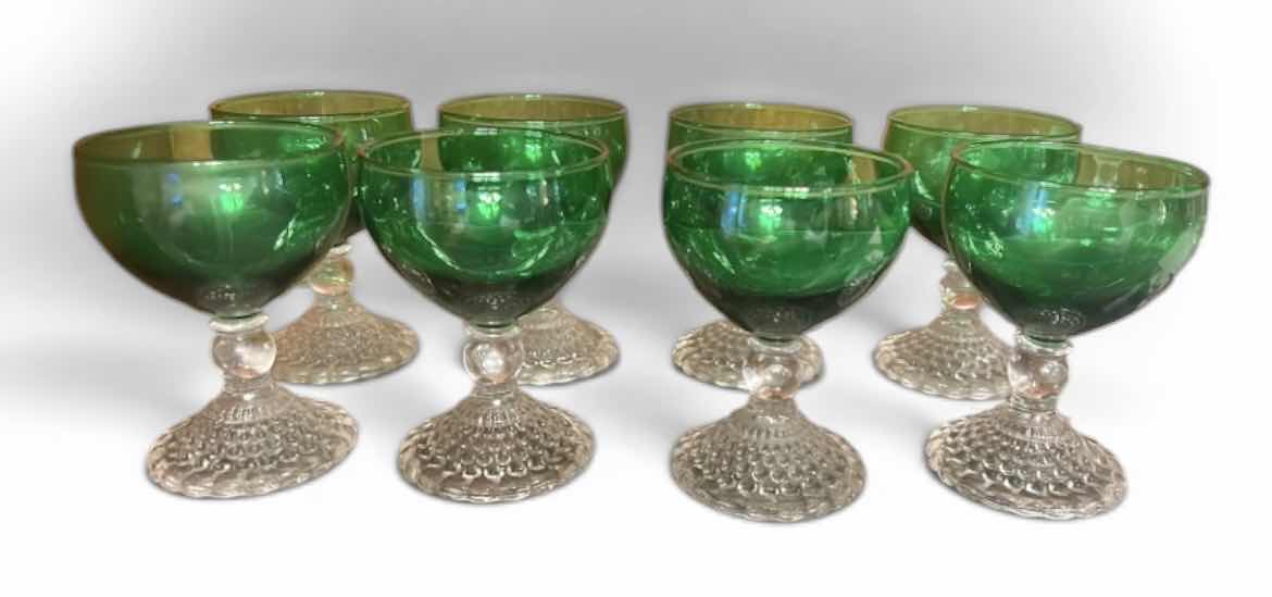 Photo 1 of 8- ANCHOR HOCKING “BUBBLE FOOT” GLASSES, FEATURE EMERALD GREEN BOWLS SET ON CLEAR, TEXTURED PEDESTALS. OFTEN DESCRIBED AS SHERBET CUPS OR COCKTAIL GOBLETS,