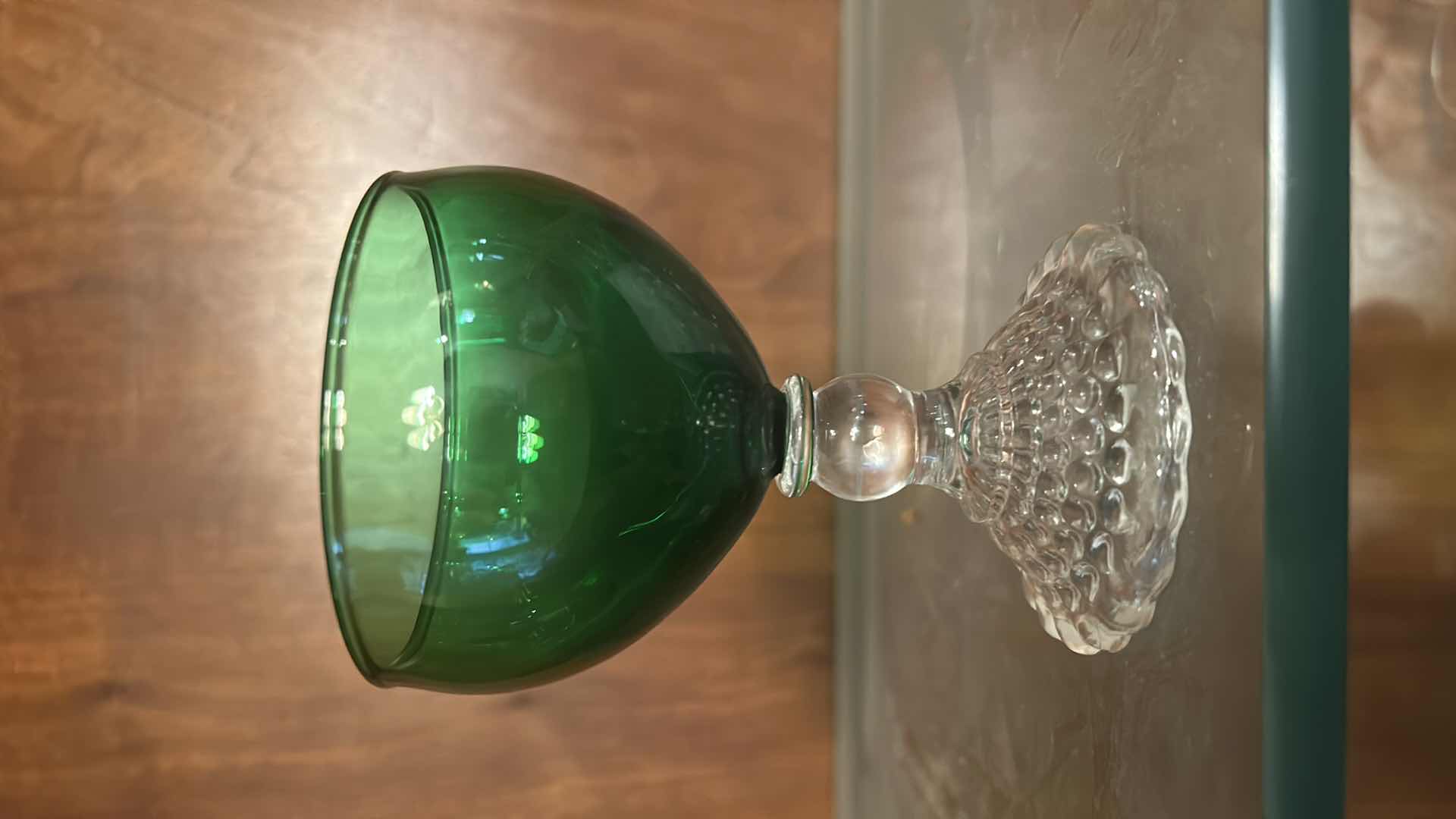 Photo 1 of 8- ANCHOR HOCKING “BUBBLE FOOT” GLASSES, FEATURE EMERALD GREEN BOWLS SET ON CLEAR, TEXTURED PEDESTALS. OFTEN DESCRIBED AS SHERBET CUPS OR COCKTAIL GOBLETS,