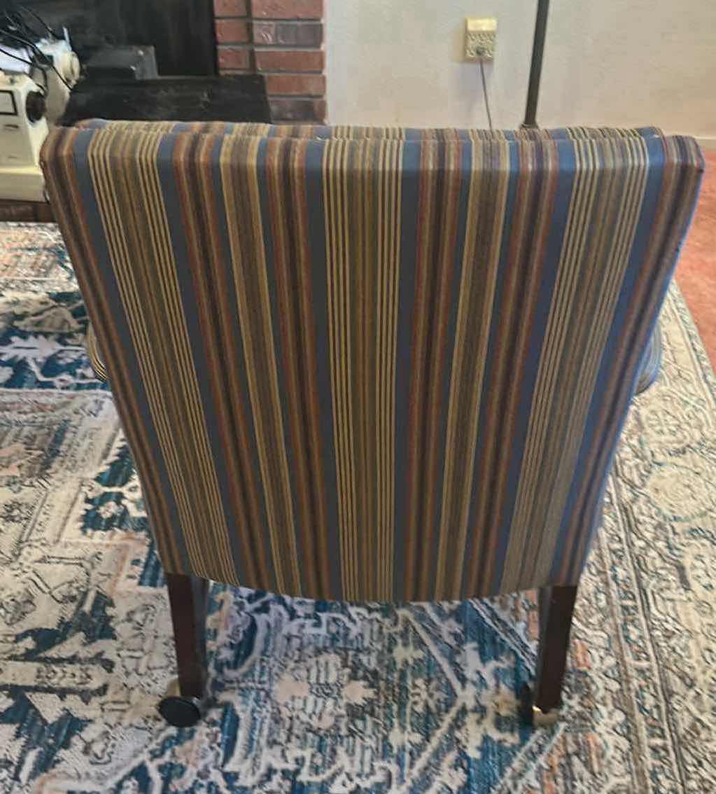 Photo 1 of 1980 CHIPPENDALE STYLE MAHOGANY LIBRARY ARM CHAIR W CUSTOM STRIPE UPHOLSTERY ON CASTERS