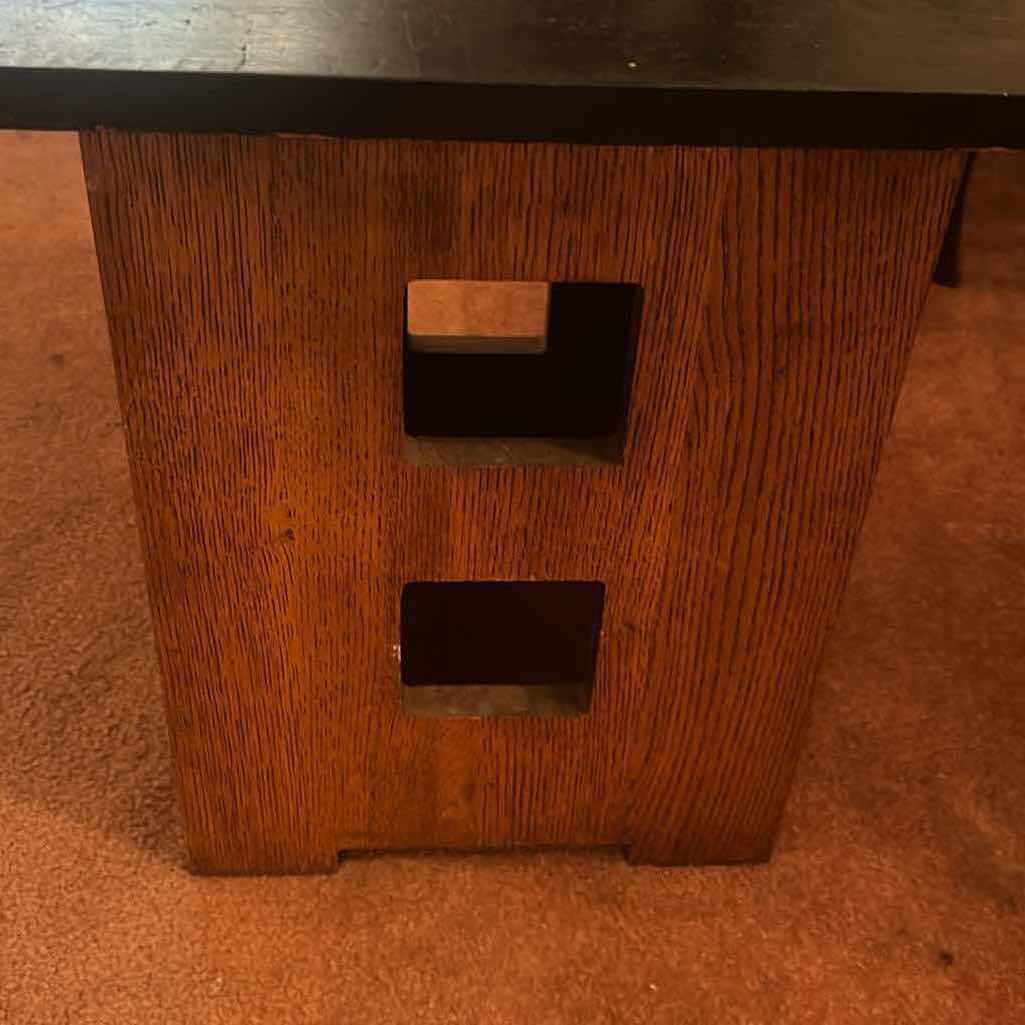Photo 1 of STICKLEY ARTS & CRAFTS OAK END TABLE W DARK SQUARE TOP & CUTOUT PLINTH BASE 16" X 16" H 18"