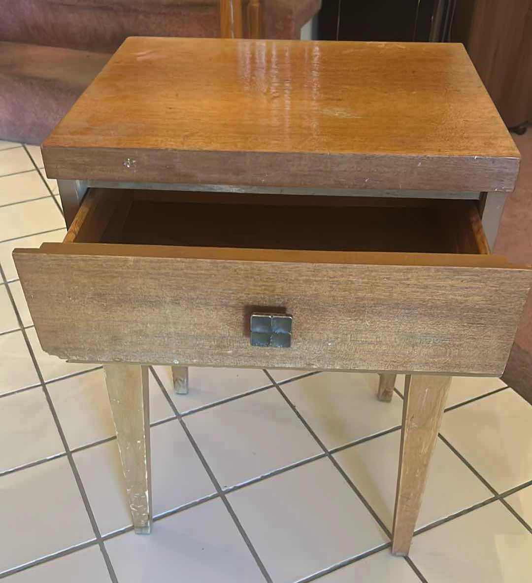 Photo 1 of MID CENTURY MODERN NIGHTSTAND FROM 1960 W SINGLE DRAWER TAPERED LEGS
18" X 15" H 25"