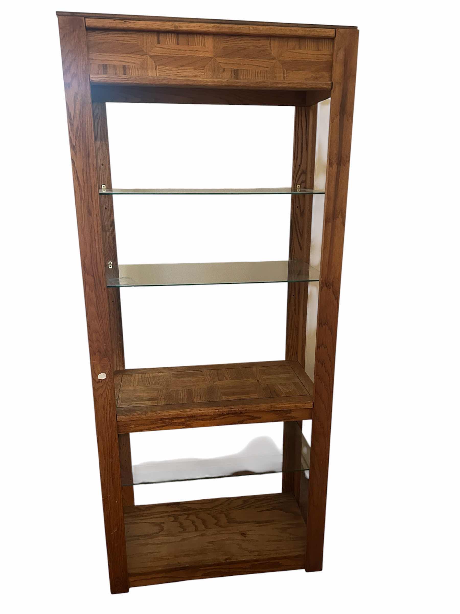 Photo 1 of VINTAGE RUSTIC OAK TALL ETAGERE SHOWCASE SHELF W GLASS SHELVES 42" X 16" H 72"