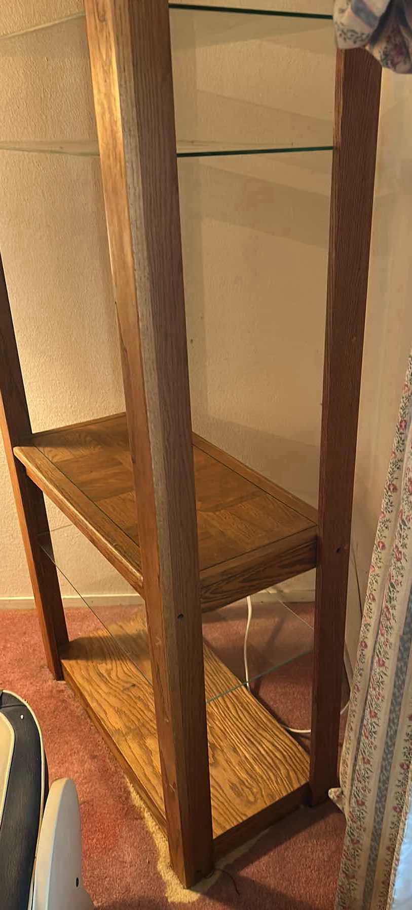 Photo 1 of VINTAGE RUSTIC OAK TALL ETAGERE SHOWCASE SHELF W GLASS SHELVES 42" X 16" H 72"