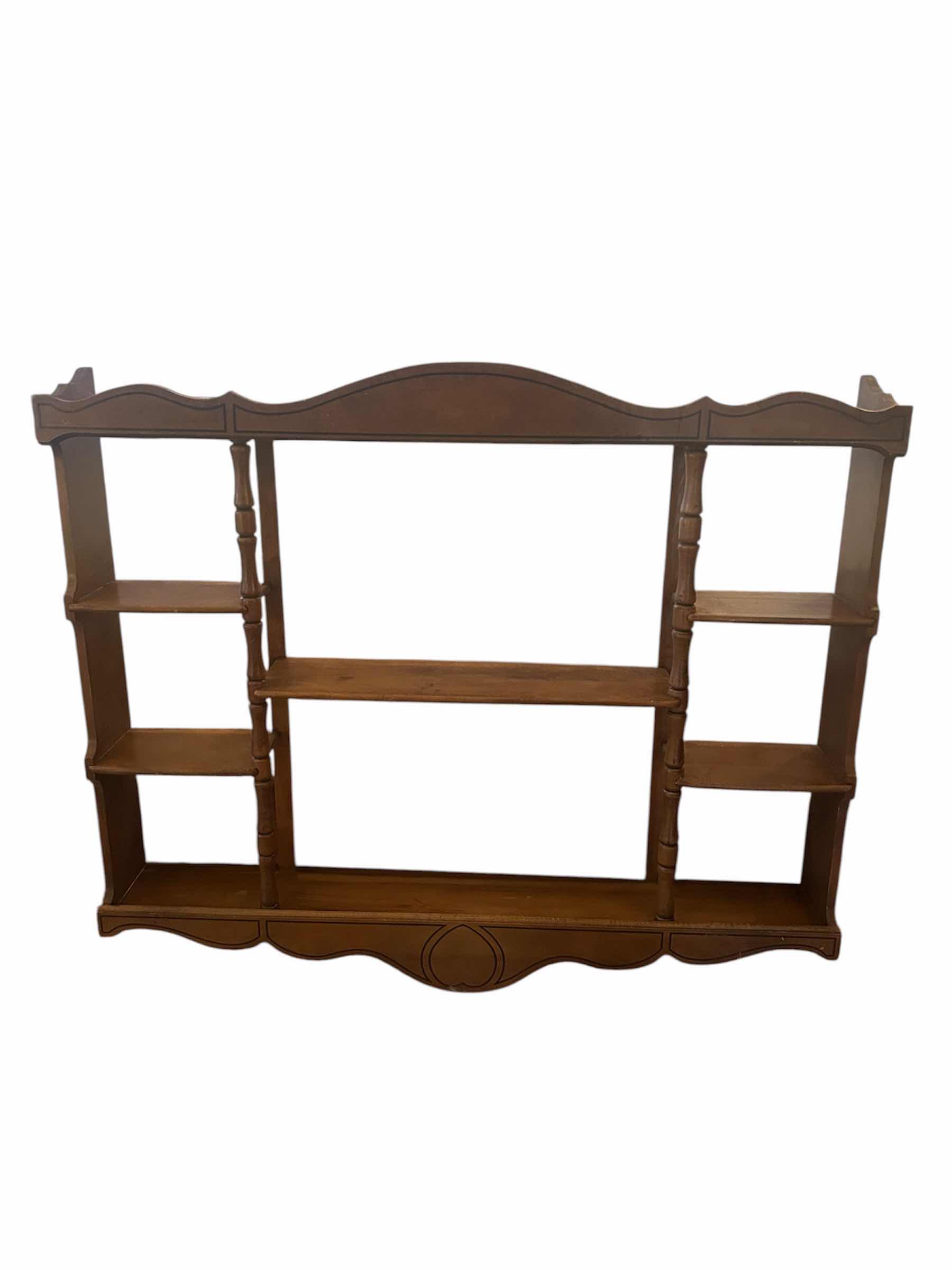Photo 1 of MEDIUM COLORED-WOOD WALL MOUNTED DISPLAY SHELF FEATURING TURNED SPINDLE DIVIDERS 38" X 5" H 27"