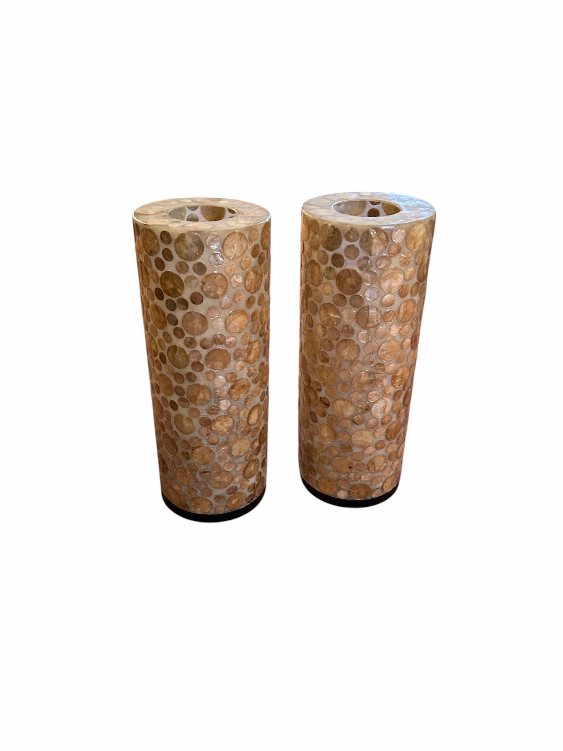 Photo 1 of 1960 INSPIRED MOSAIC CAPIZ SHELLS CYLINDRICAL LANTERNS