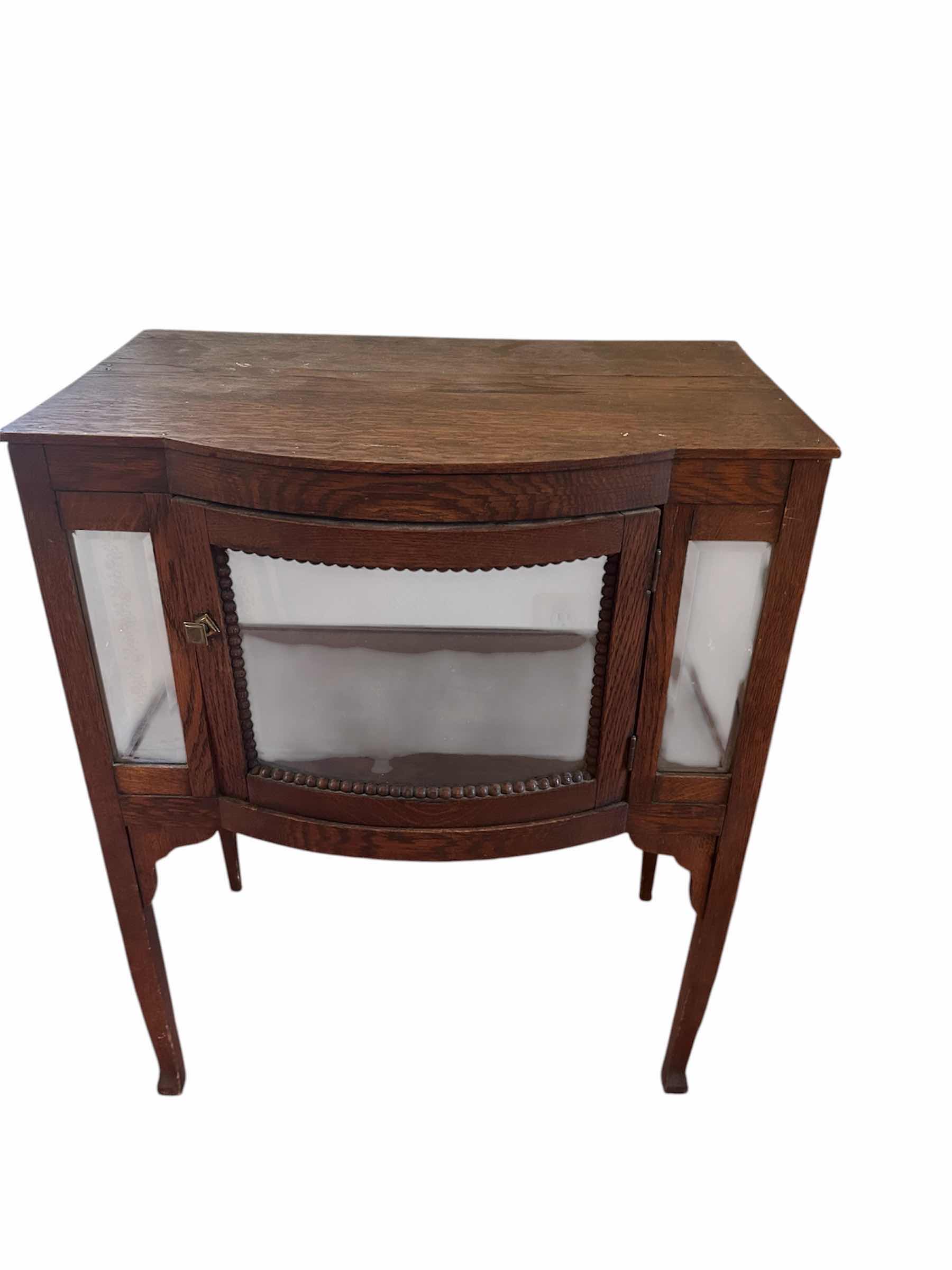 Photo 1 of ANTIQUE BUTLER TABLE CABINET W BOWED GLASS DISPLAY CASE & BEVELED GLASS PANELS 24" X 14" H 29"