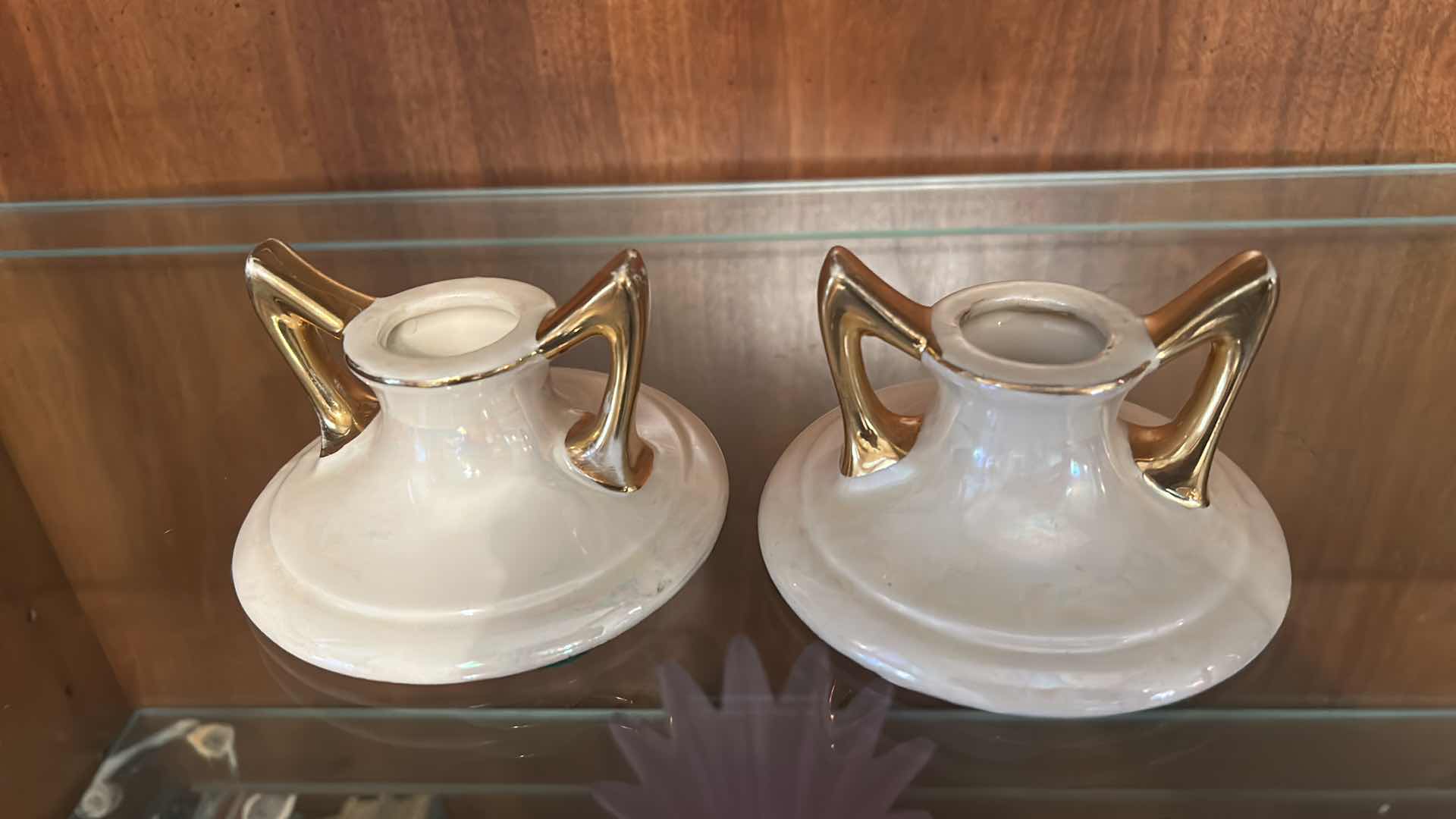 Photo 1 of 2 VINTAGE CERAMIC CANDLESTICK HOLDERS MADE BY THE PEARL CHINA COMPANY, FEATURING A WHITE LUSTERWARE FINISH AND 22-KARAT GOLD ACCENTS H2.75”
