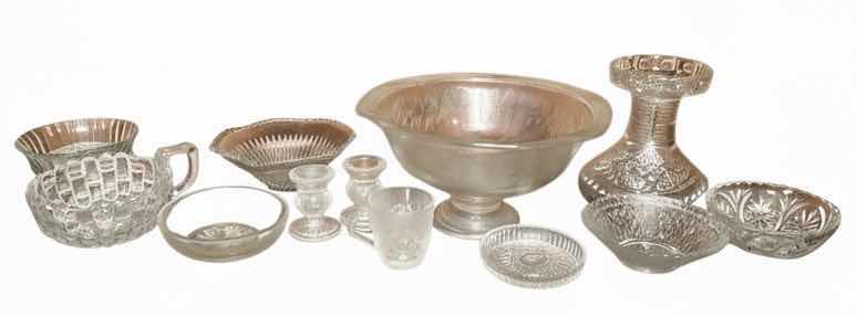 Photo 1 of COLLECTION OF VINTAGE GLASSWARE, FEATURING VARIOUS CLEAR PRESSED GLASS ITEMS SUCH AS A CENTRAL PEDESTAL PUNCH BOWL, SMALLER FOOTED COMPOTES, SERVING BOWLS, AND MUG