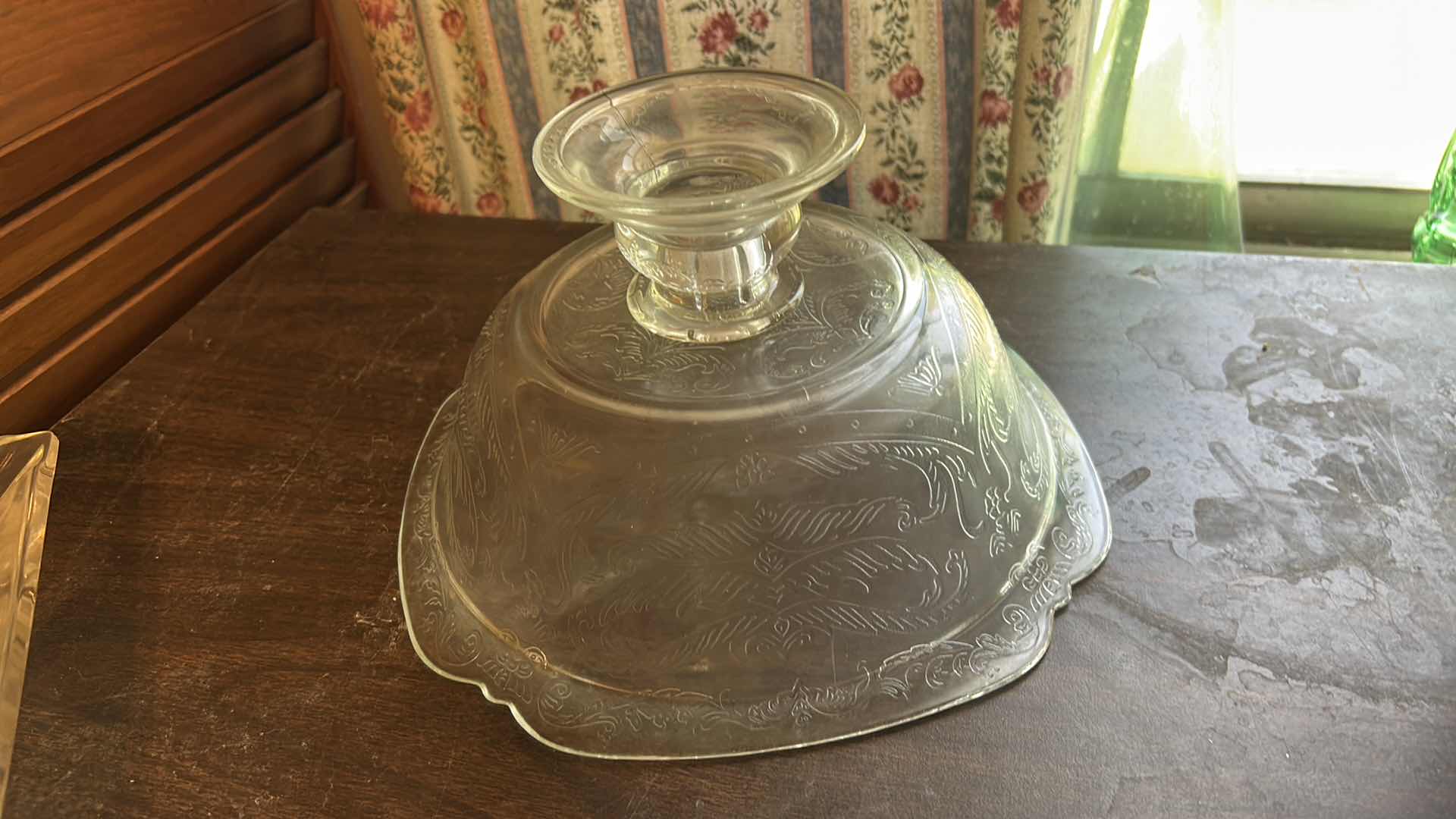 Photo 1 of COLLECTION OF VINTAGE GLASSWARE, FEATURING VARIOUS CLEAR PRESSED GLASS ITEMS SUCH AS A CENTRAL PEDESTAL PUNCH BOWL, SMALLER FOOTED COMPOTES, SERVING BOWLS, AND MUG