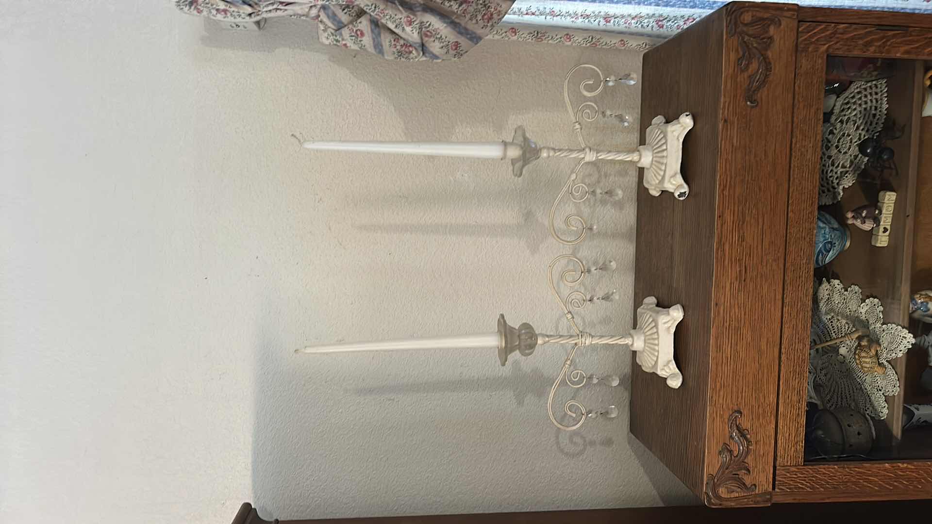 Photo 1 of 2 VINTAGE ENAMEL OVER WROUGHT IRON CANDLE HOLDERS H10”