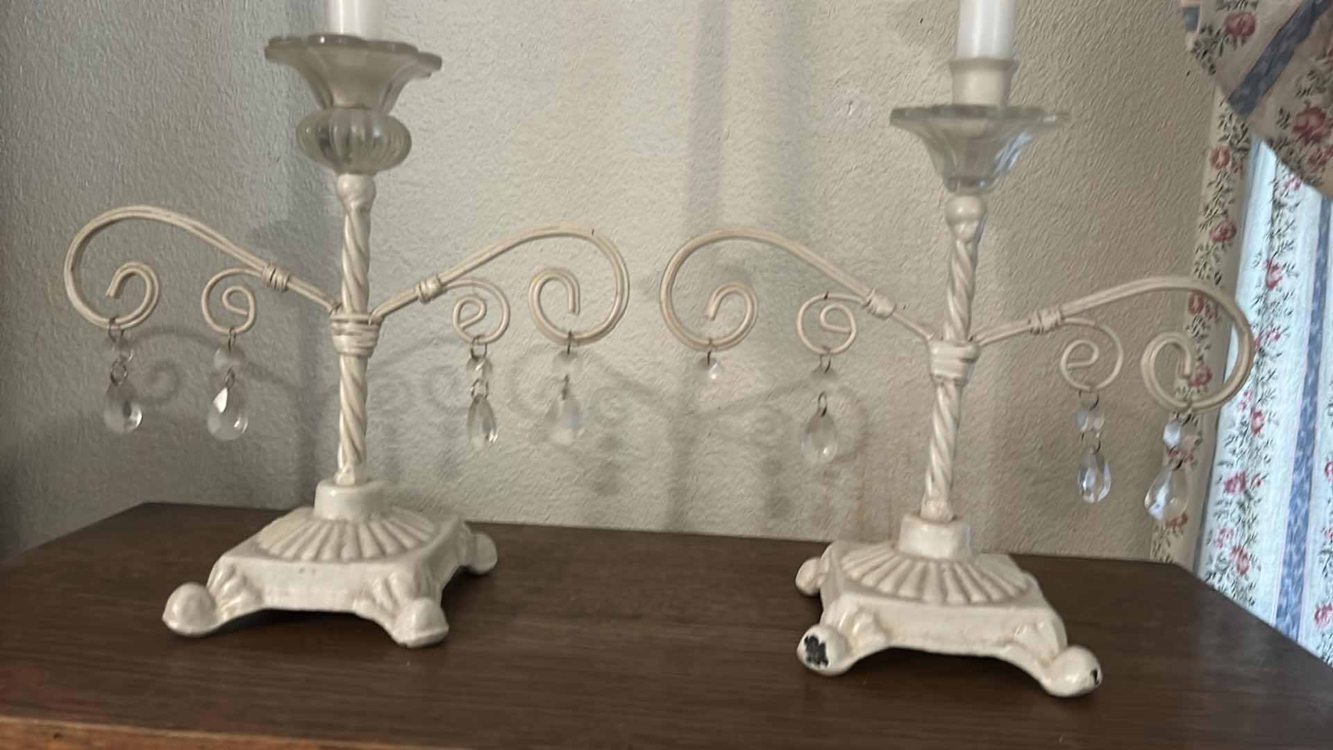 Photo 1 of 2 VINTAGE ENAMEL OVER WROUGHT IRON CANDLE HOLDERS H10”