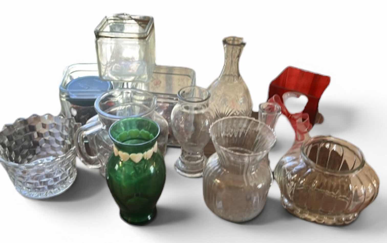 Photo 1 of 12- COLORED & CLEAR GLASS VASES VARIOUS SIZES