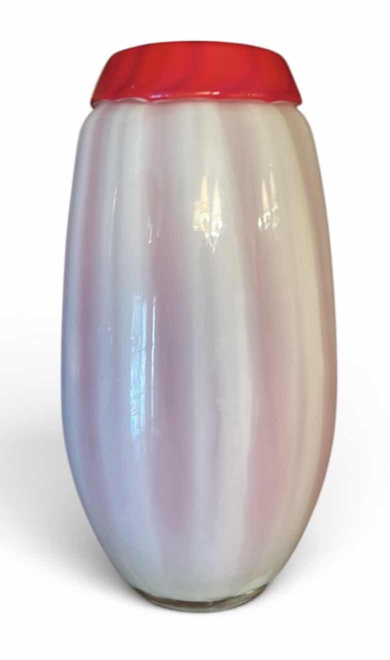 Photo 1 of DALE TIFFANY FAVRILE HAND BLOWN ART GLASS VASE IN A RED AND WHITE STRIPED DESIGN. H8”