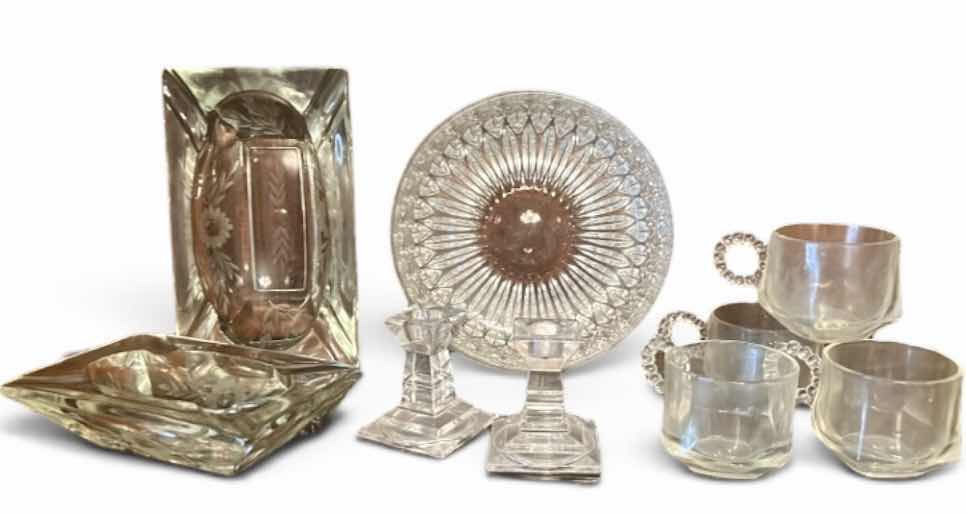 Photo 1 of CRYSTAL AND GLASSWARE - VINTAGE HAZEL ATLAS “ORCHARD CRYSTAL” PUNCH CUPS, VINTAGE GORHAM ALTHEA FULL LEAD CRYSTAL BOWL,, CANDLE HOLDERS, ASHTRAYS, & MORE