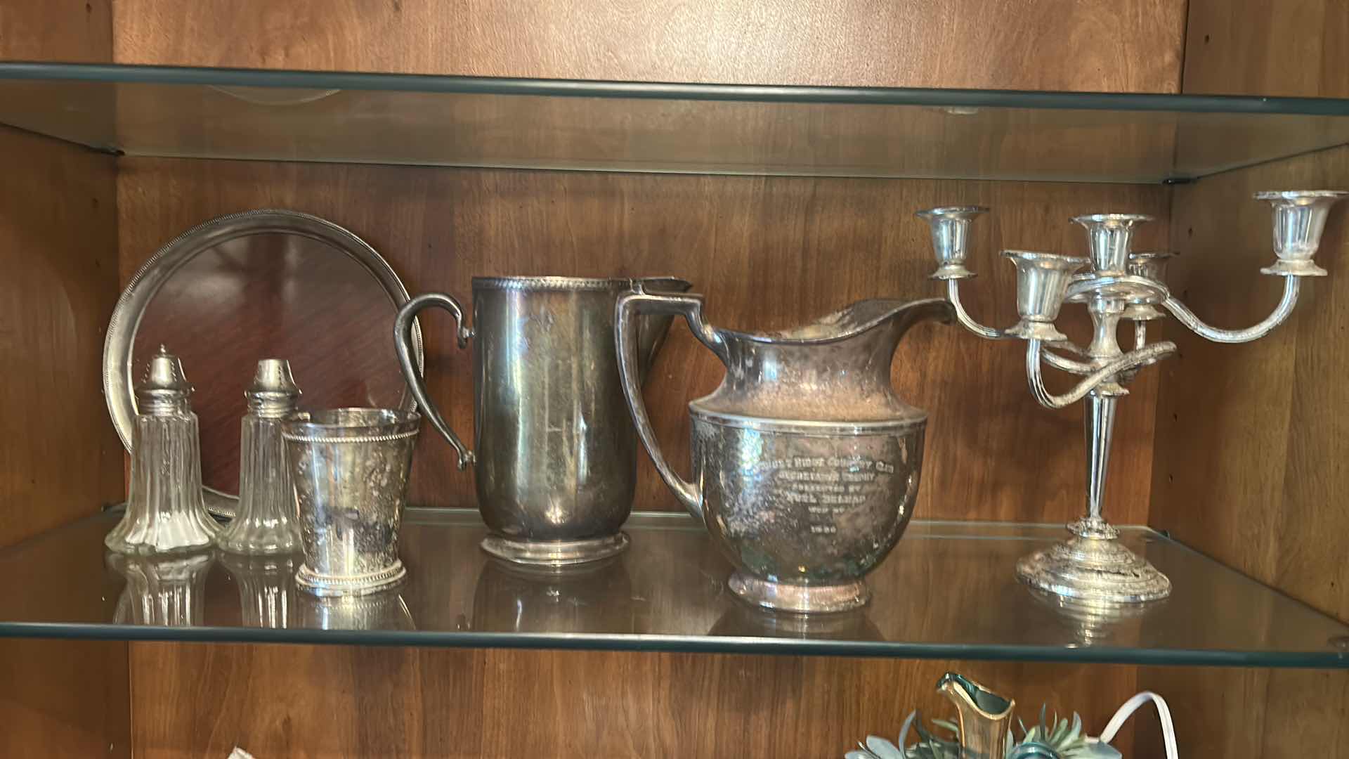 Photo 1 of 6 SILVER PLATED PCS - CANDELABRA, SALT AND PEPPER, PITCHERS AND CUP