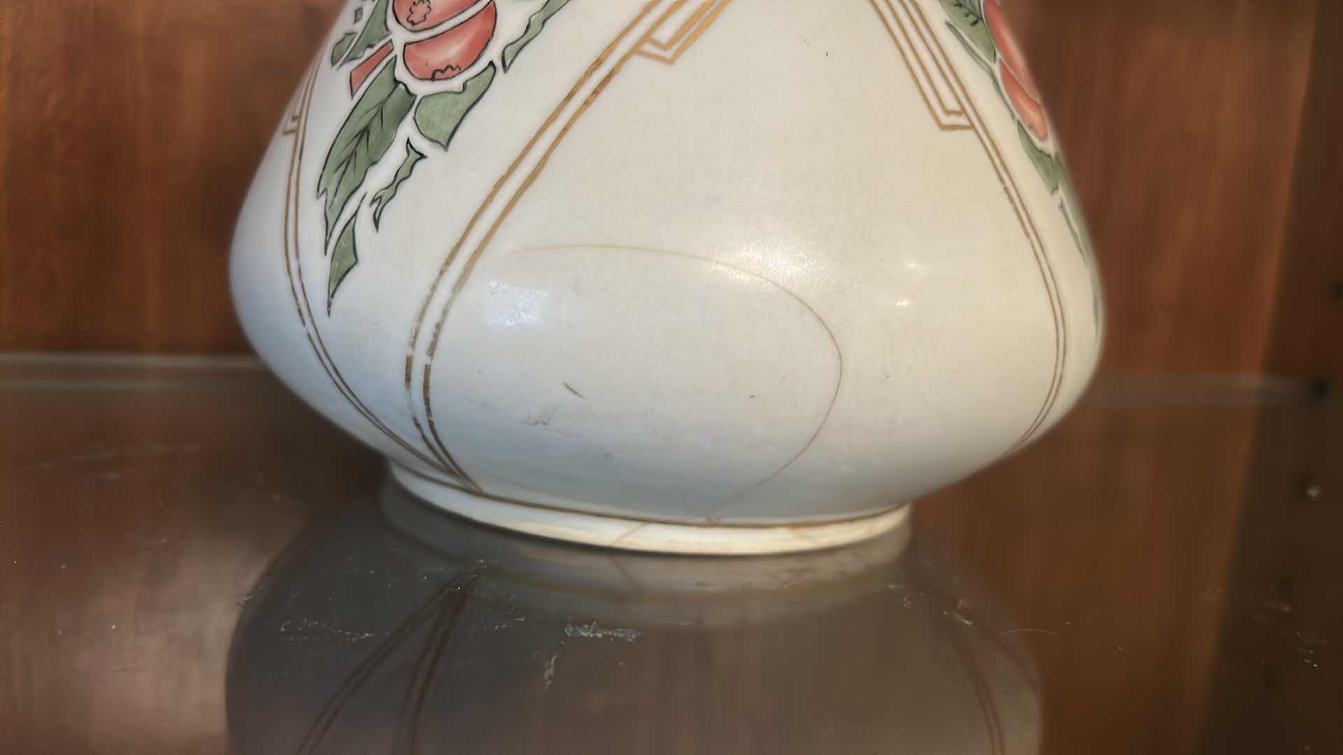 Photo 1 of ANTIQUE PORCELAIN WATER PITCHER OR CIDER JUG, LIKELY PRODUCED IN GERMANY OR FRANCE BETWEEN THE LATE 19TH AND EARLY 20TH CENTURY, FEATURING HAND-PAINTED RED CHERRY DESIGNS AND