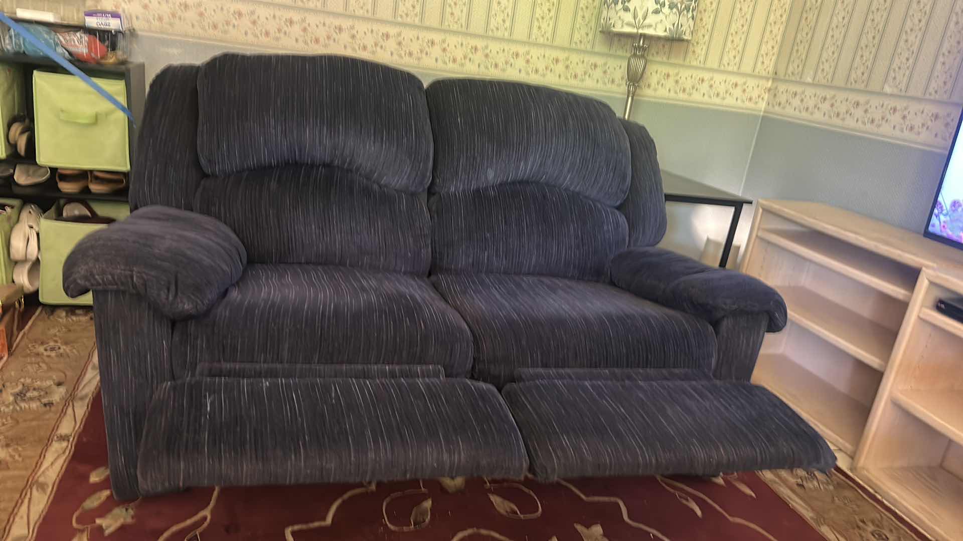 Photo 1 of ASHLEY SIMPLE JOY NAVY BLUE RECLINING LOVESEAT CORDUROY FABRIC