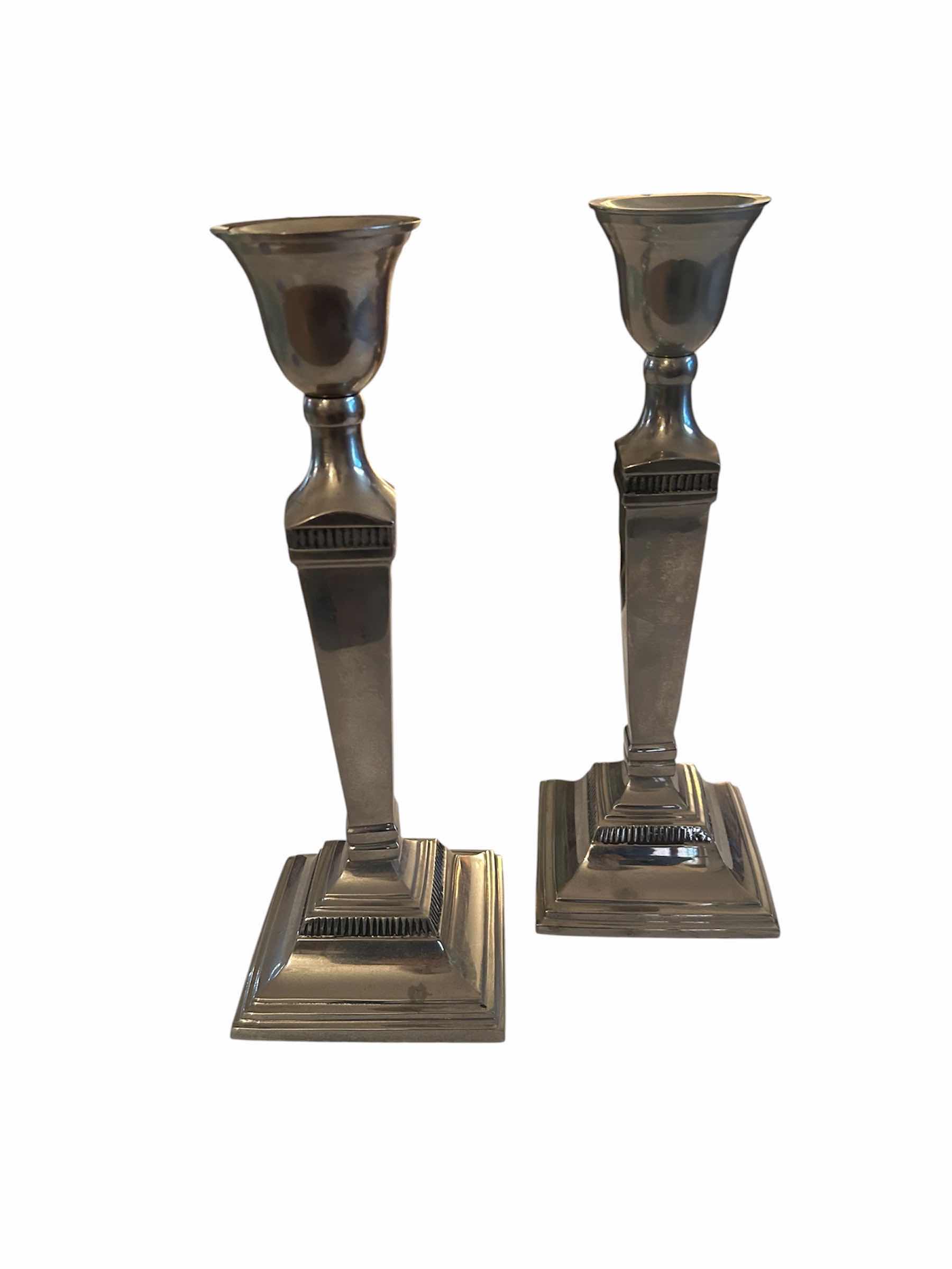 Photo 1 of PAIR OF SILVER PLATED TAPER CANDLE HOLDERS H 12"