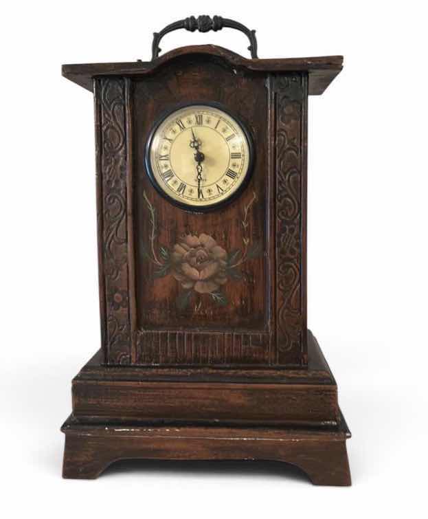 View 1 of WOOD MANTEL CLOCK, FEATURING DECORATIVE FLORAL PAINTING H12”