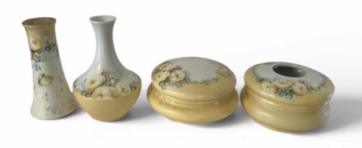 Photo 1 of 4 YELLOW AND WHITE VINTAGE PORCELAIN PIECES- ANTIQUE HAIR RECEIVER, FROM THE VICTORIAN ERA USED TO STORE HAIR, MATCHING TRINKET BOX, VASE AND MORE