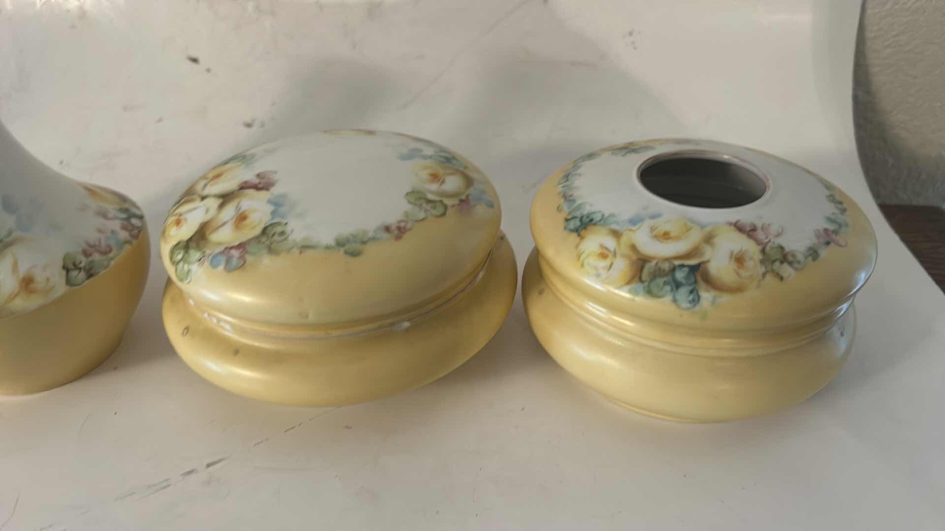 Photo 1 of 4 YELLOW AND WHITE VINTAGE PORCELAIN PIECES- ANTIQUE HAIR RECEIVER, FROM THE VICTORIAN ERA USED TO STORE HAIR, MATCHING TRINKET BOX, VASE AND MORE