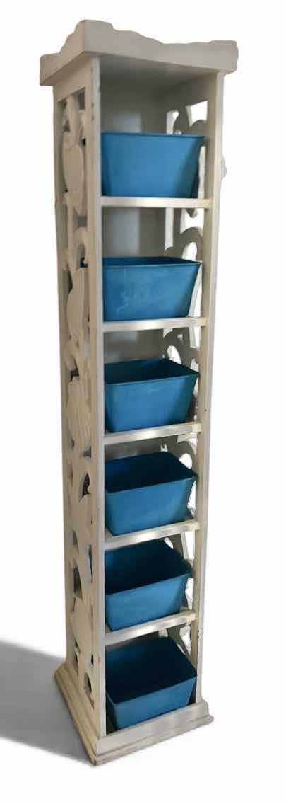 Photo 1 of NARROW STORAGE CABINET- WOOD WITH PLASTIC TOTES 7 1/2 x 7 1/2” x H38 1/2