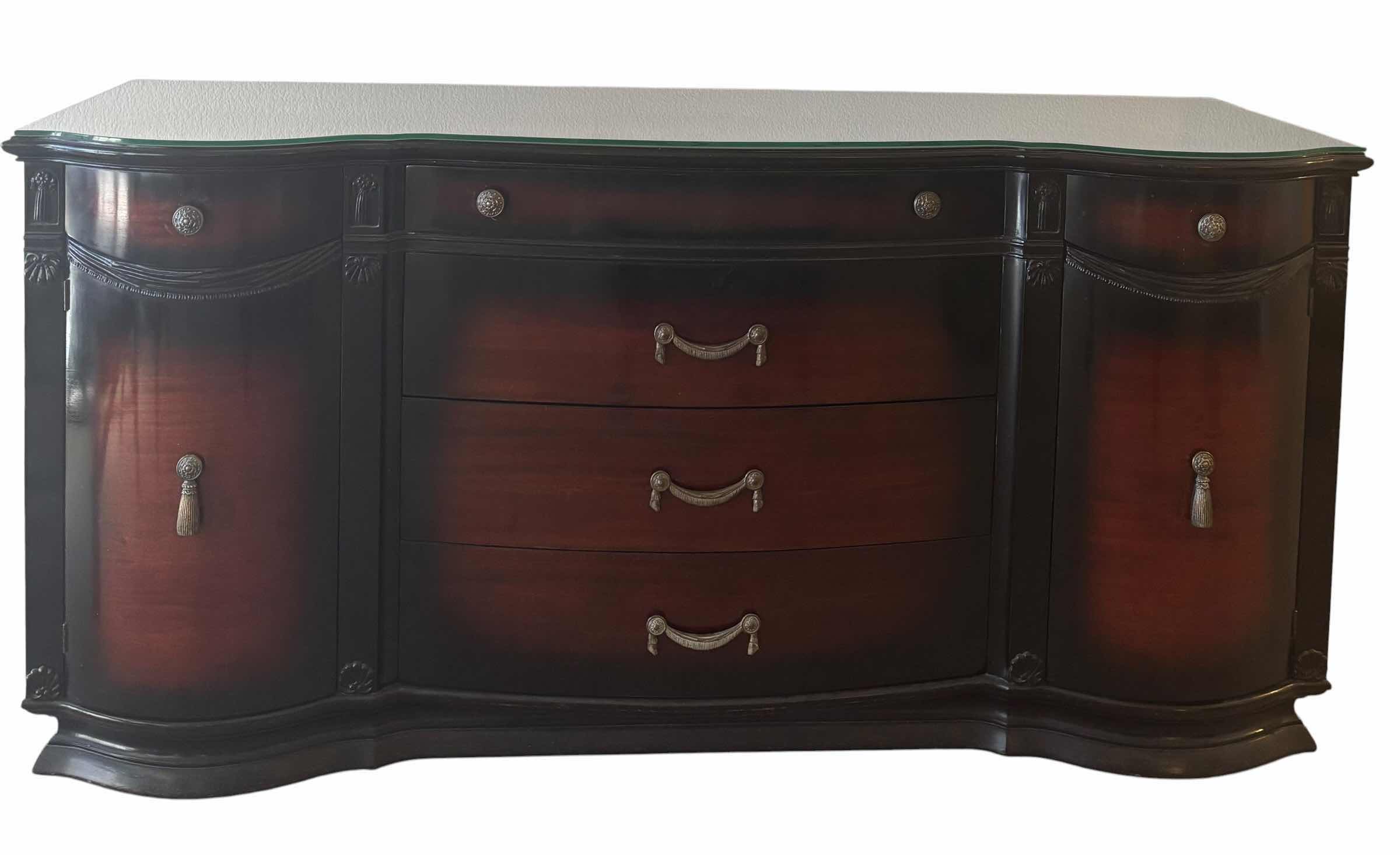 Photo 1 of SERPENTINE STYLE CREDENZA WITH A FITTED GLASS TOP & TONGUE AND GROOVE DRAWERS 71" X 21" H 35"