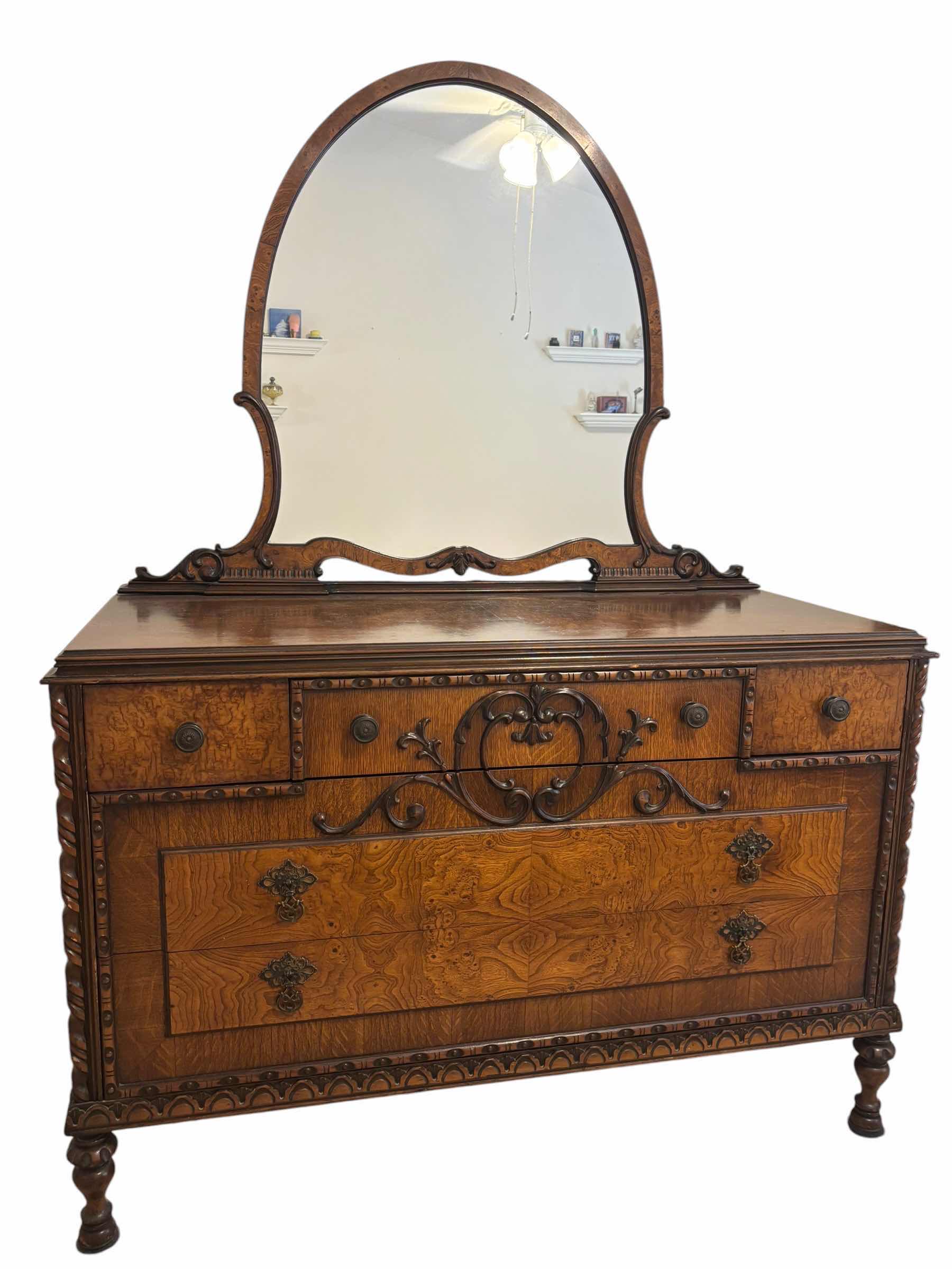 Photo 1 of ANTIQUE 1950S/1960S 5-DRAWER DRESSER & MIRROR W ORNATE CARVINGS TONGUE & GROOVE DRAWERS 52" X 23" H 35"