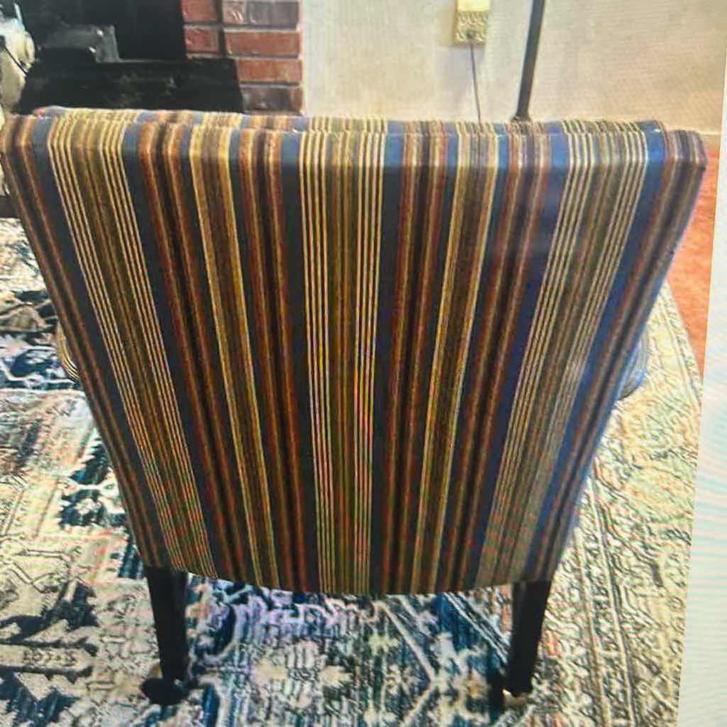 Photo 1 of 1980 CHIPPENDALE STYLE MAHOGANY LIBRARY ARM CHAIR W CUSTOM STRIPE UPHOLSTERY ON CASTERS