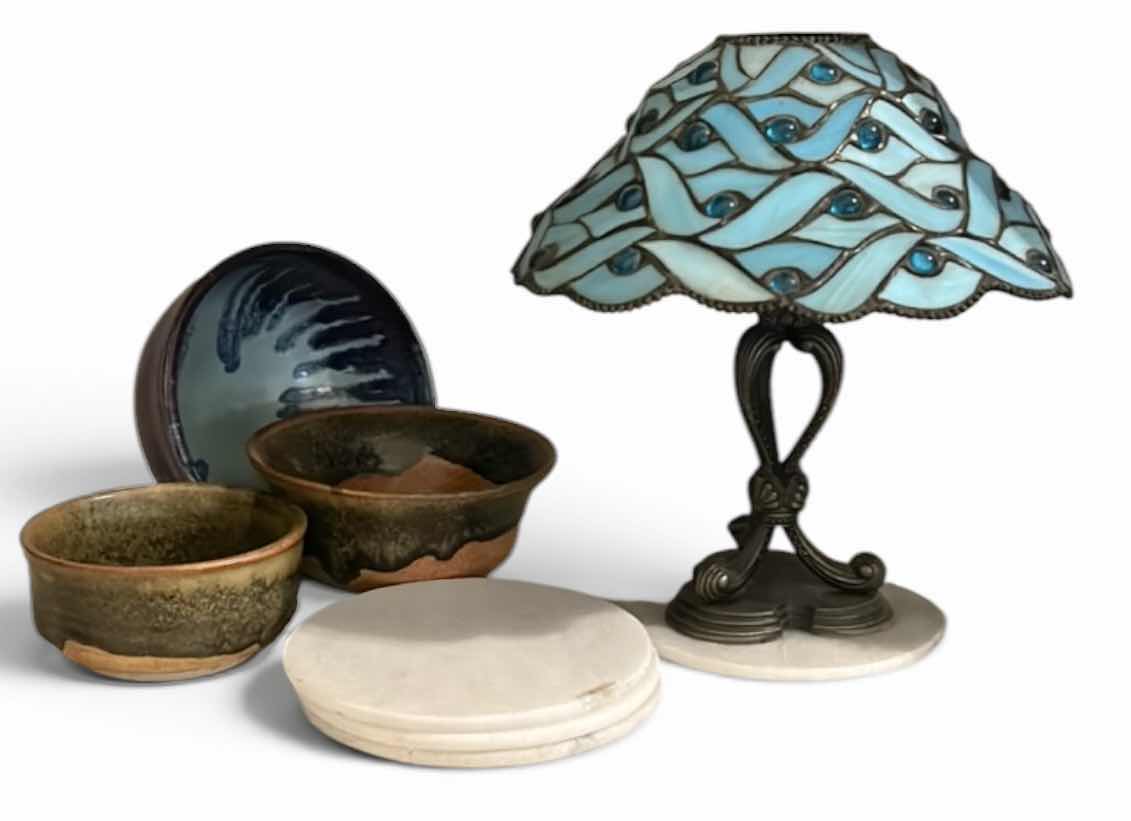 Photo 1 of 3 SIGNED CERAMIC BOWLS, 4 MARBLE ROUNDS & TIFFANY STYLE RESIN & METAL CANDLE HOLDER H 10.5”