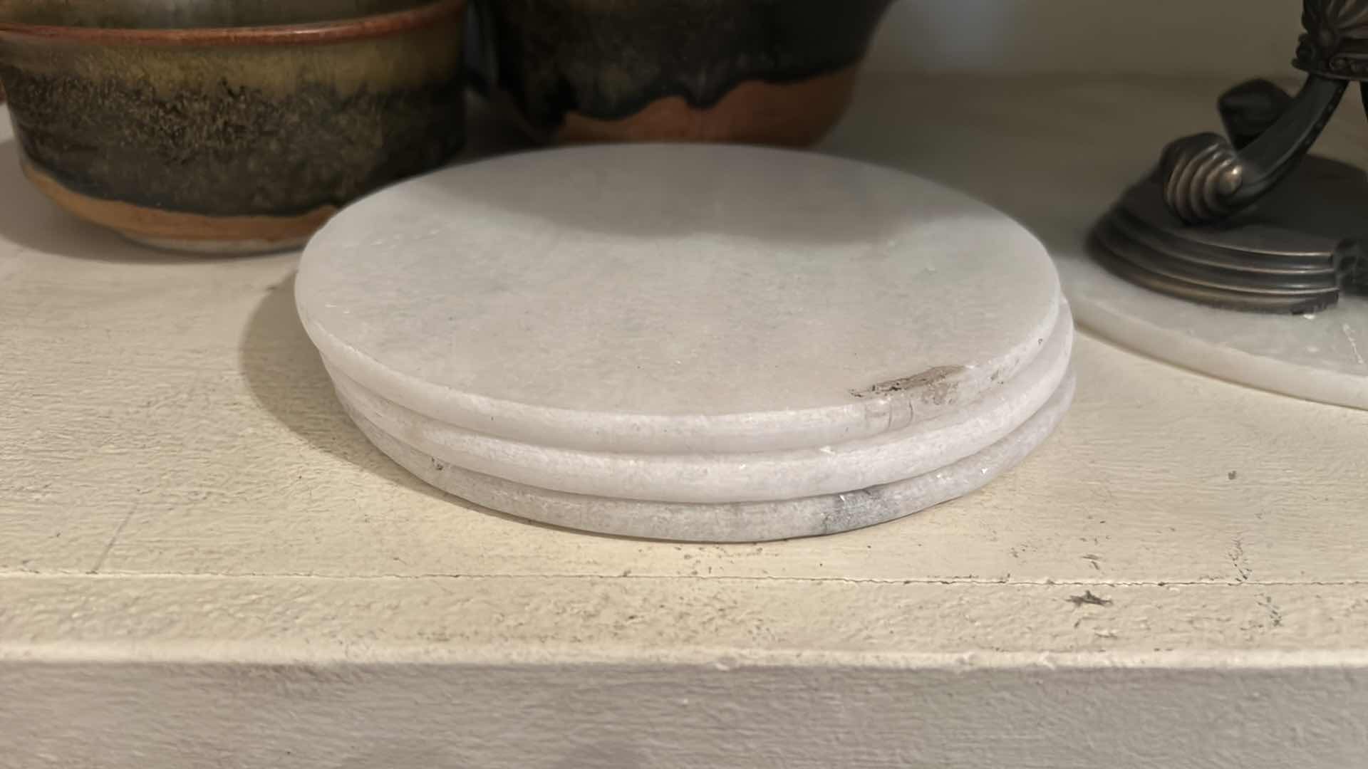 Photo 1 of 3 SIGNED CERAMIC BOWLS, 4 MARBLE ROUNDS & TIFFANY STYLE RESIN & METAL CANDLE HOLDER H 10.5”