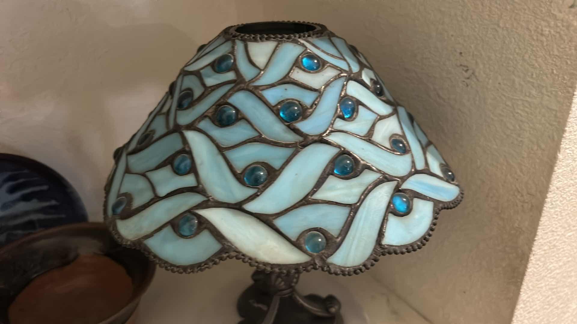 Photo 1 of 3 SIGNED CERAMIC BOWLS, 4 MARBLE ROUNDS & TIFFANY STYLE RESIN & METAL CANDLE HOLDER H 10.5”
