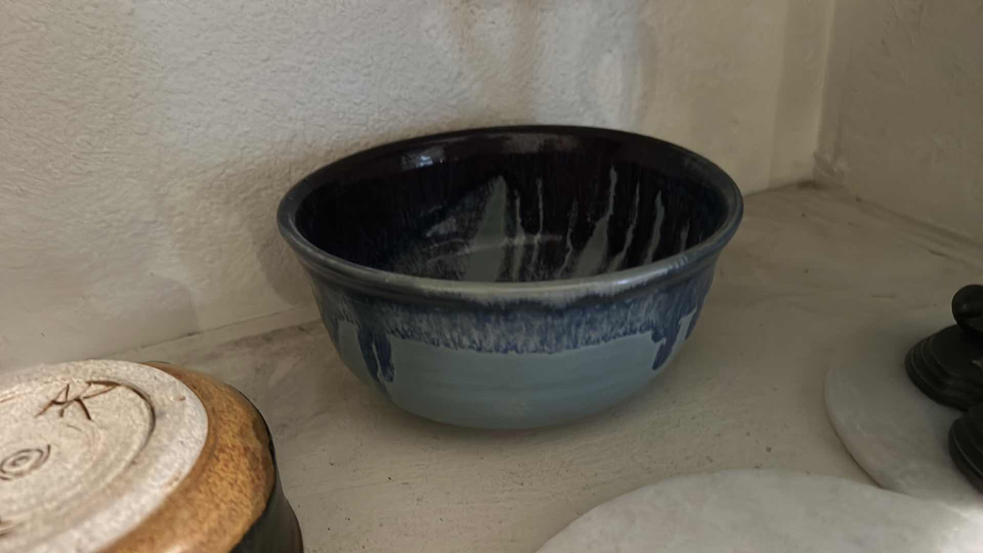 Photo 1 of 3 SIGNED CERAMIC BOWLS, 4 MARBLE ROUNDS & TIFFANY STYLE RESIN & METAL CANDLE HOLDER H 10.5”