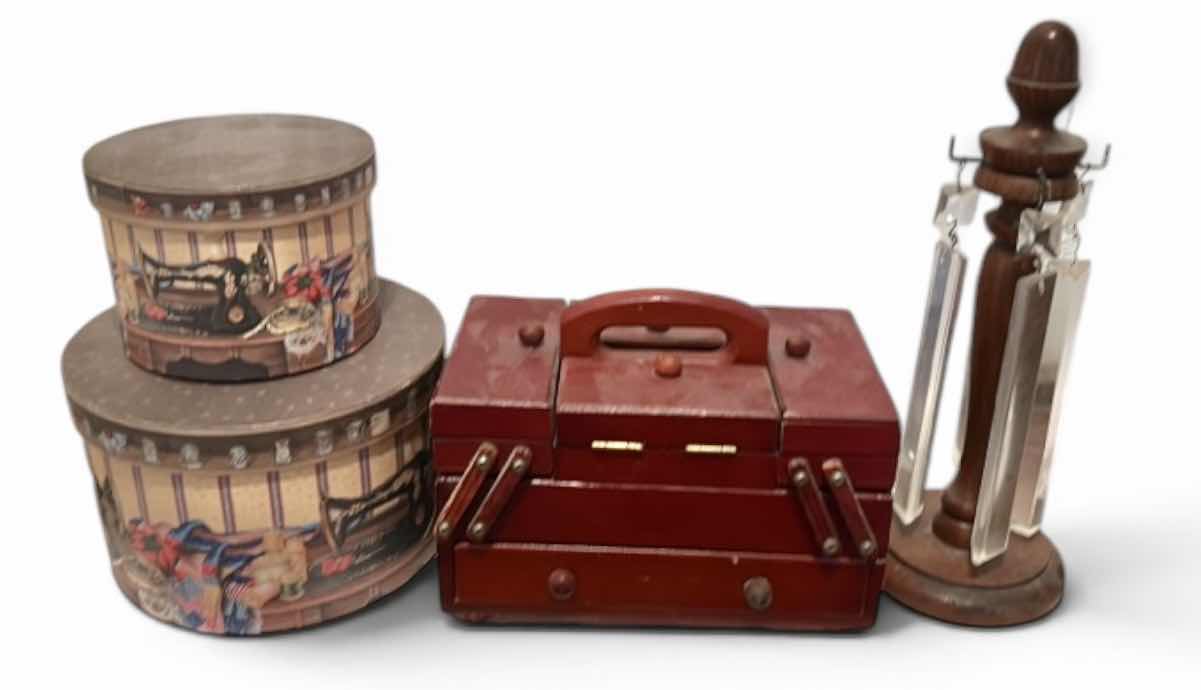 Photo 1 of VINTAGE ITEMS- 2 ROUND STORAGE BOXES, JEWELRY BOX & WOODEN STAND H11.5”