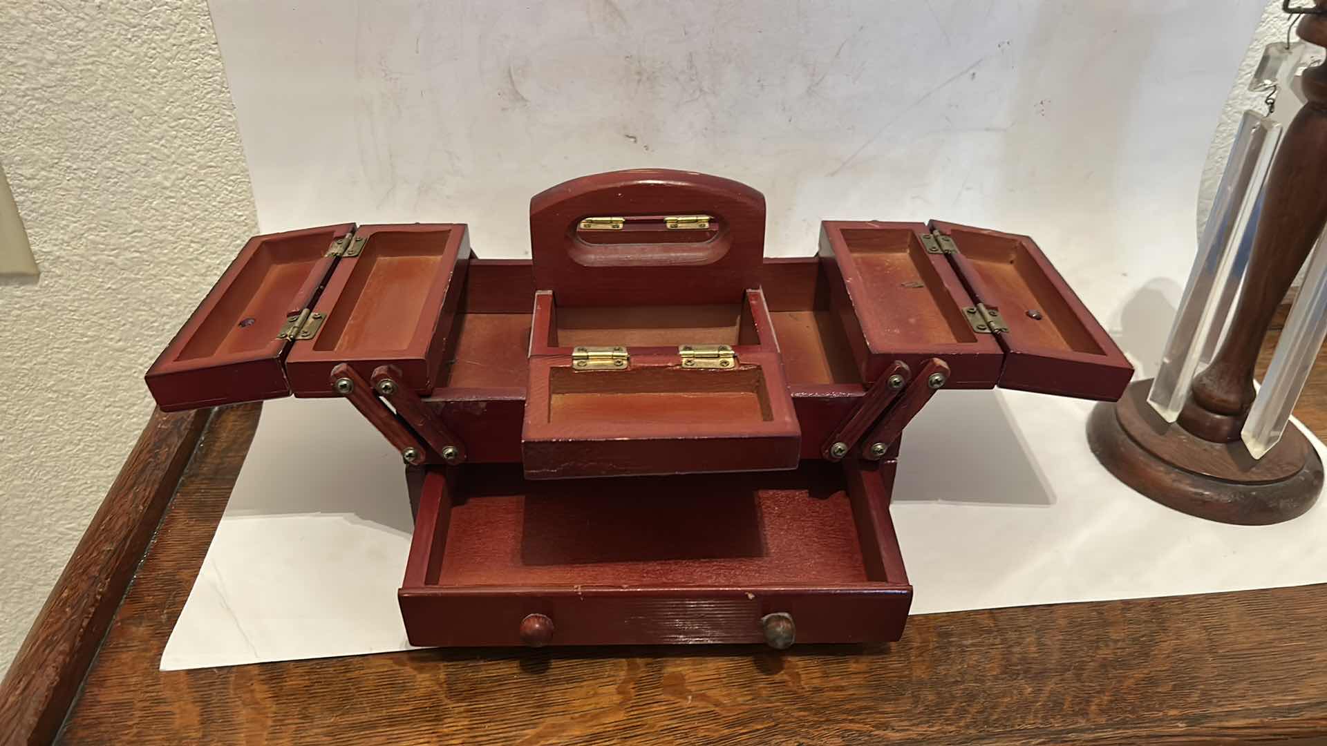 Photo 1 of VINTAGE ITEMS- 2 ROUND STORAGE BOXES, JEWELRY BOX & WOODEN STAND H11.5”