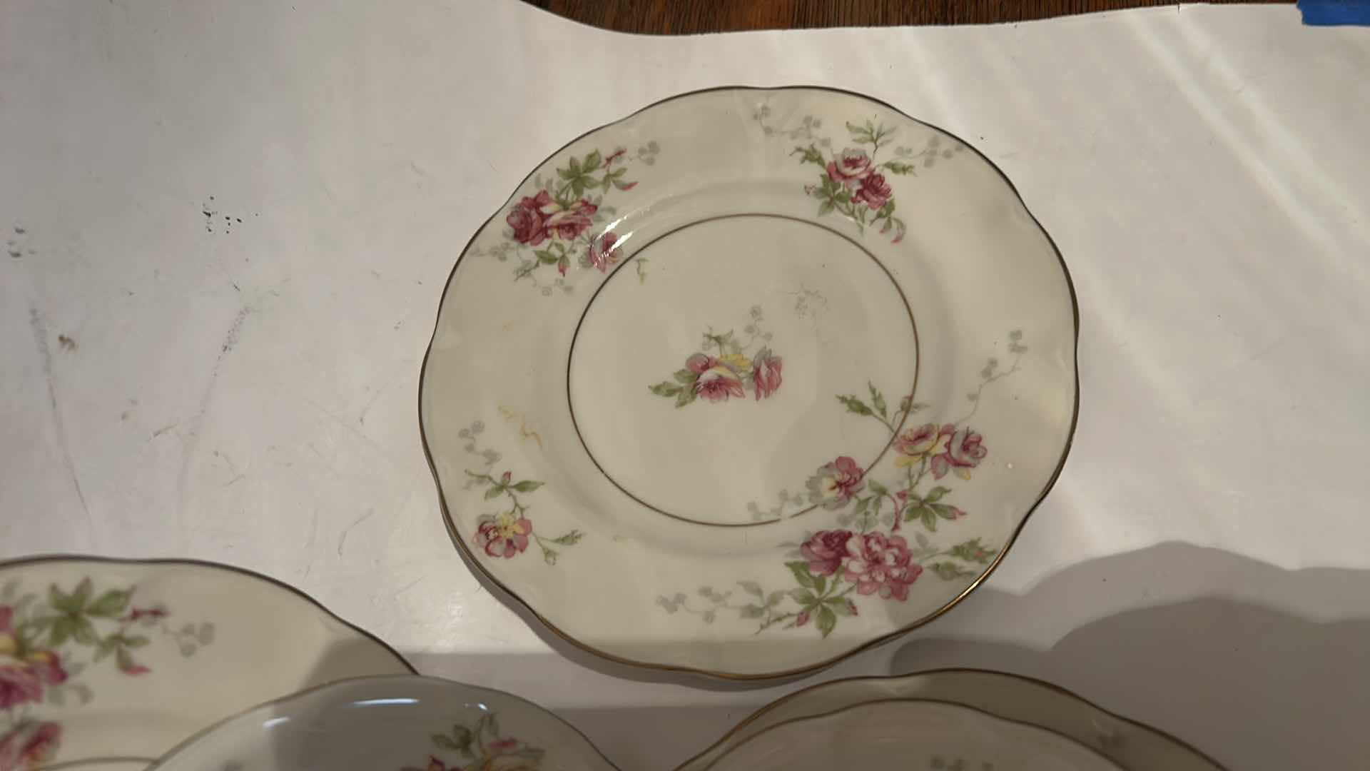 Photo 1 of HAVILAND DORSET 4 SMALL PLATES AND 4 BOWLS PINK FLORAL GOLD TRIM 6.5”