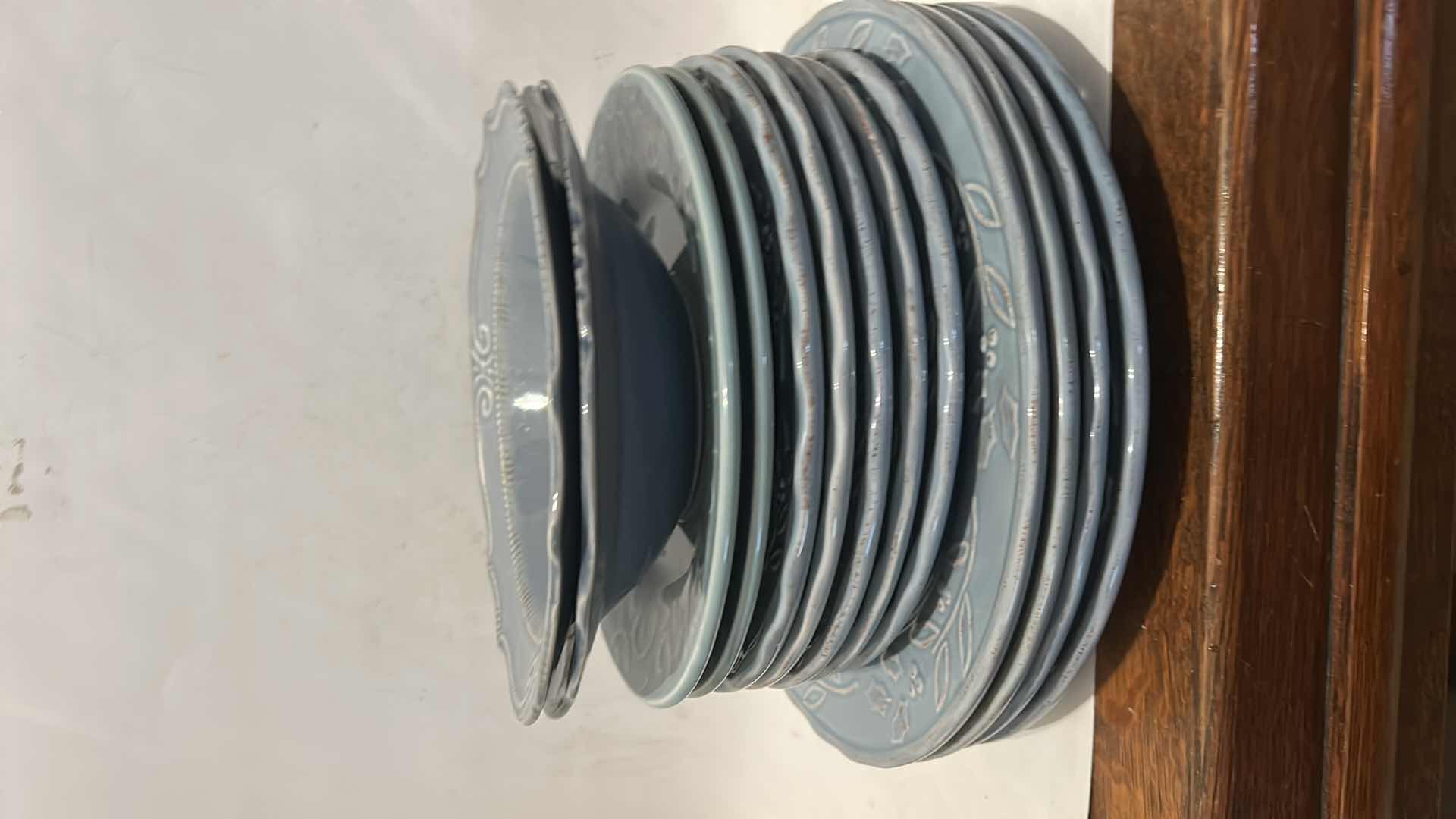 Photo 1 of 13 PC BLUE GREEN CERAMIC DINNERWARE FEATURING SCALLOPED EDGES & RAISED DECORATIVE SCROLLS