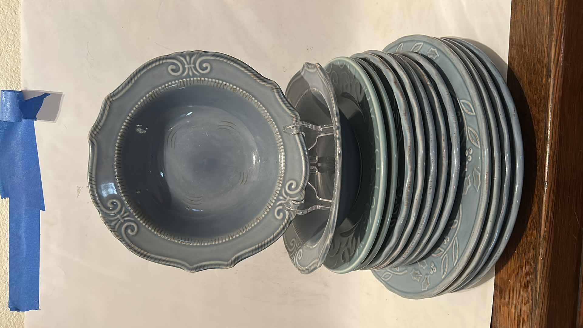 Photo 1 of 13 PC BLUE GREEN CERAMIC DINNERWARE FEATURING SCALLOPED EDGES & RAISED DECORATIVE SCROLLS