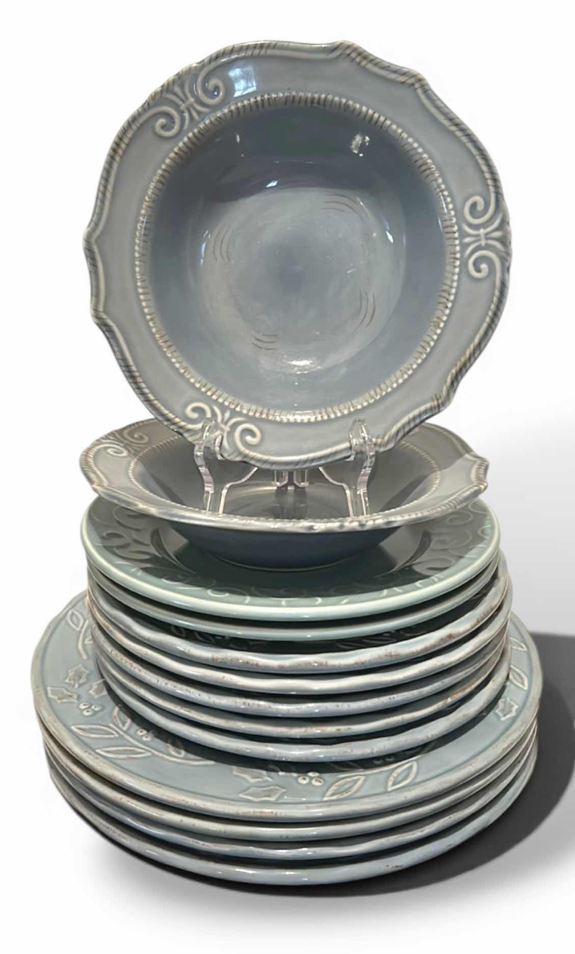 Photo 1 of 13 PC BLUE GREEN CERAMIC DINNERWARE FEATURING SCALLOPED EDGES & RAISED DECORATIVE SCROLLS