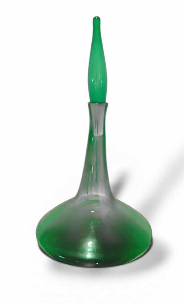 Photo 1 of HANDBLOWN VINTAGE GREEN GLASS DECANTER, OFTEN REFERRED TO AS A “GENIE BOTTLE,” H20”