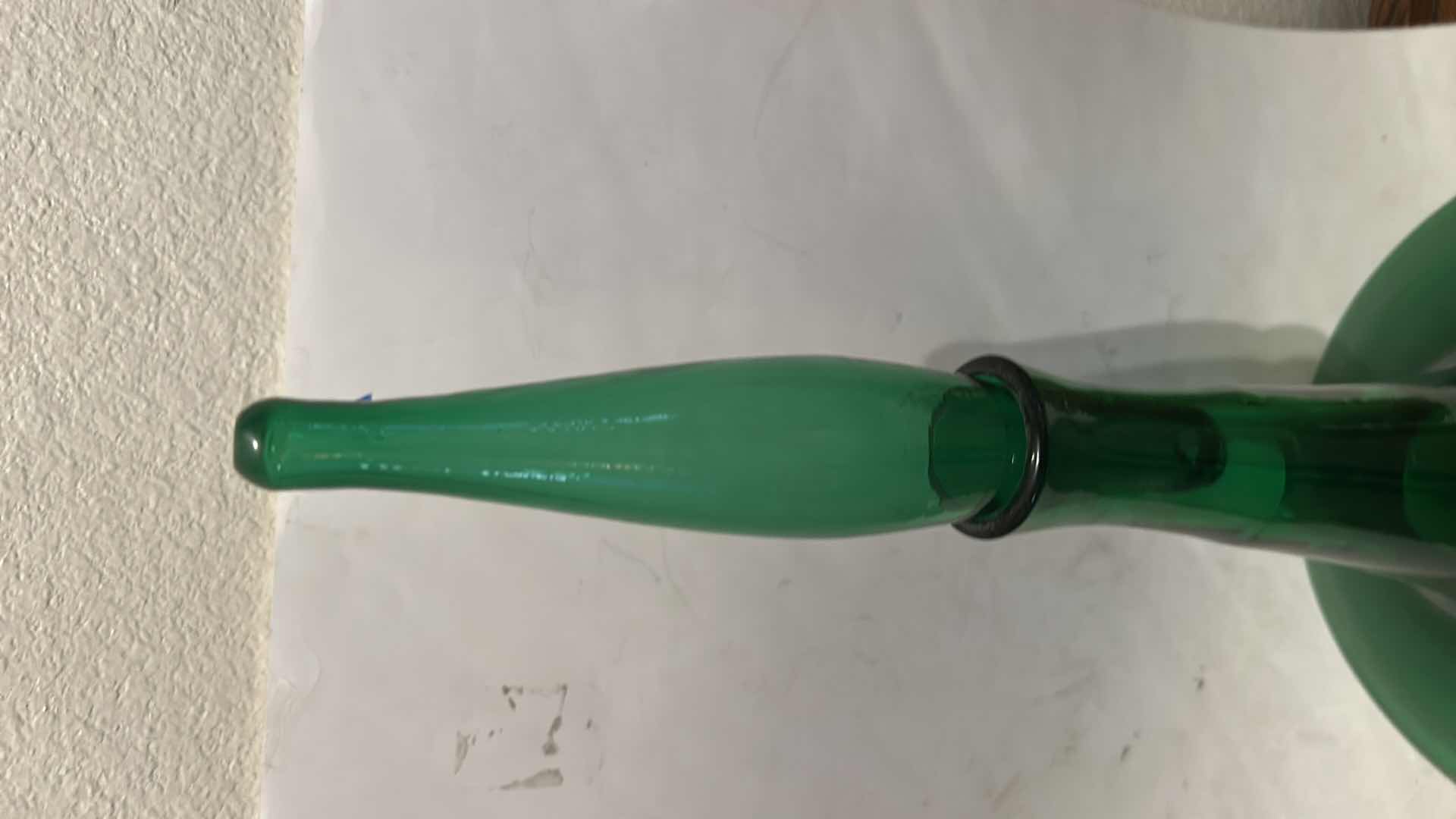 Photo 1 of HANDBLOWN VINTAGE GREEN GLASS DECANTER, OFTEN REFERRED TO AS A “GENIE BOTTLE,” H20”