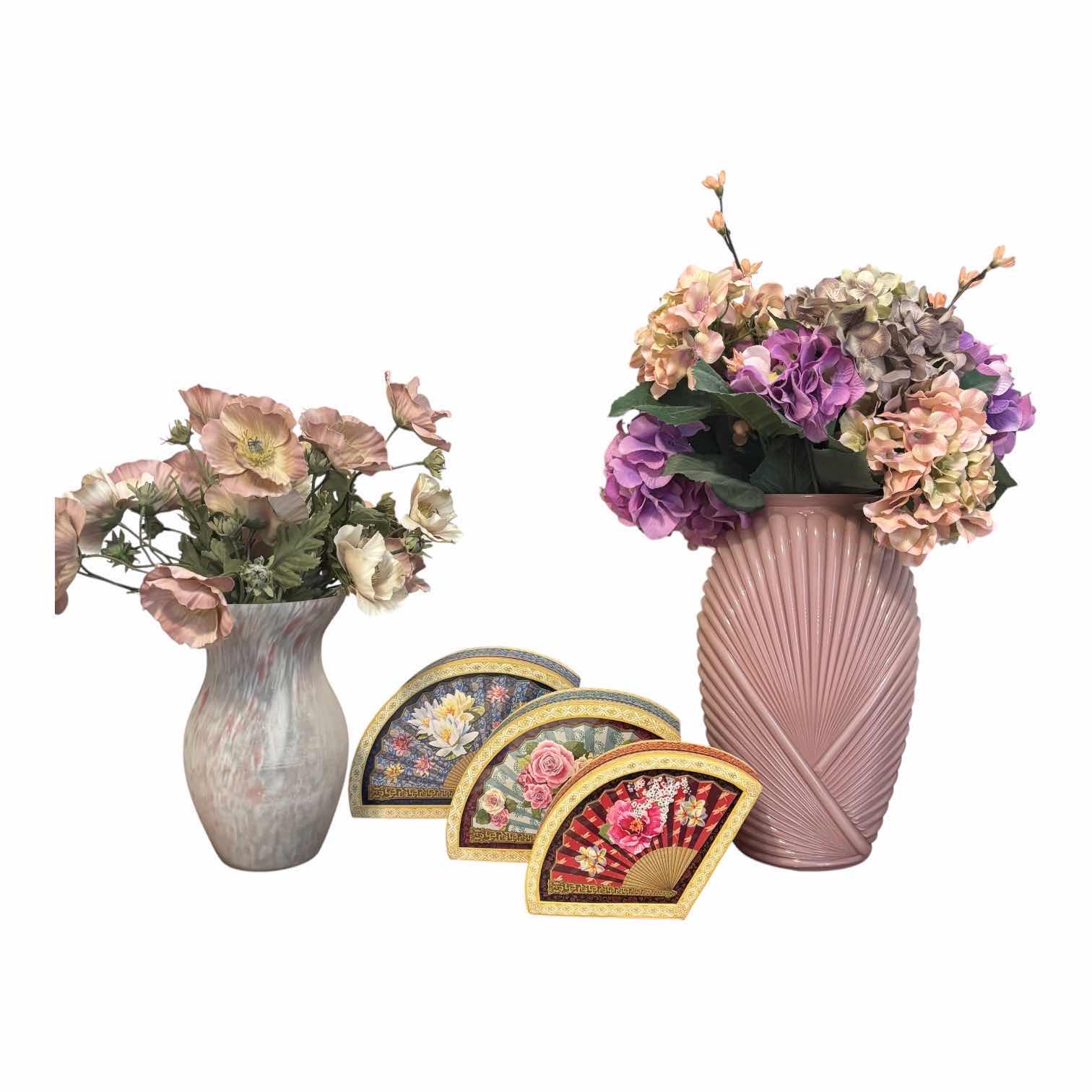 Photo 1 of DECORATIVE FAN SHAPED BOXES WITH ARTIFICIAL FLOWERS IN VASES (2) (TALLEST H22”)