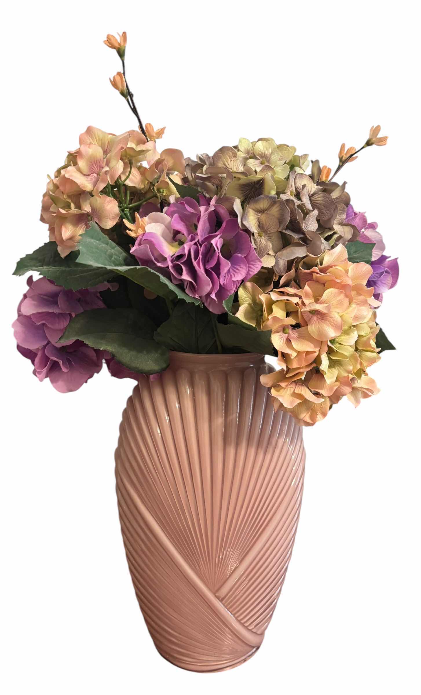Photo 1 of DECORATIVE FAN SHAPED BOXES WITH ARTIFICIAL FLOWERS IN VASES (2) (TALLEST H22”)