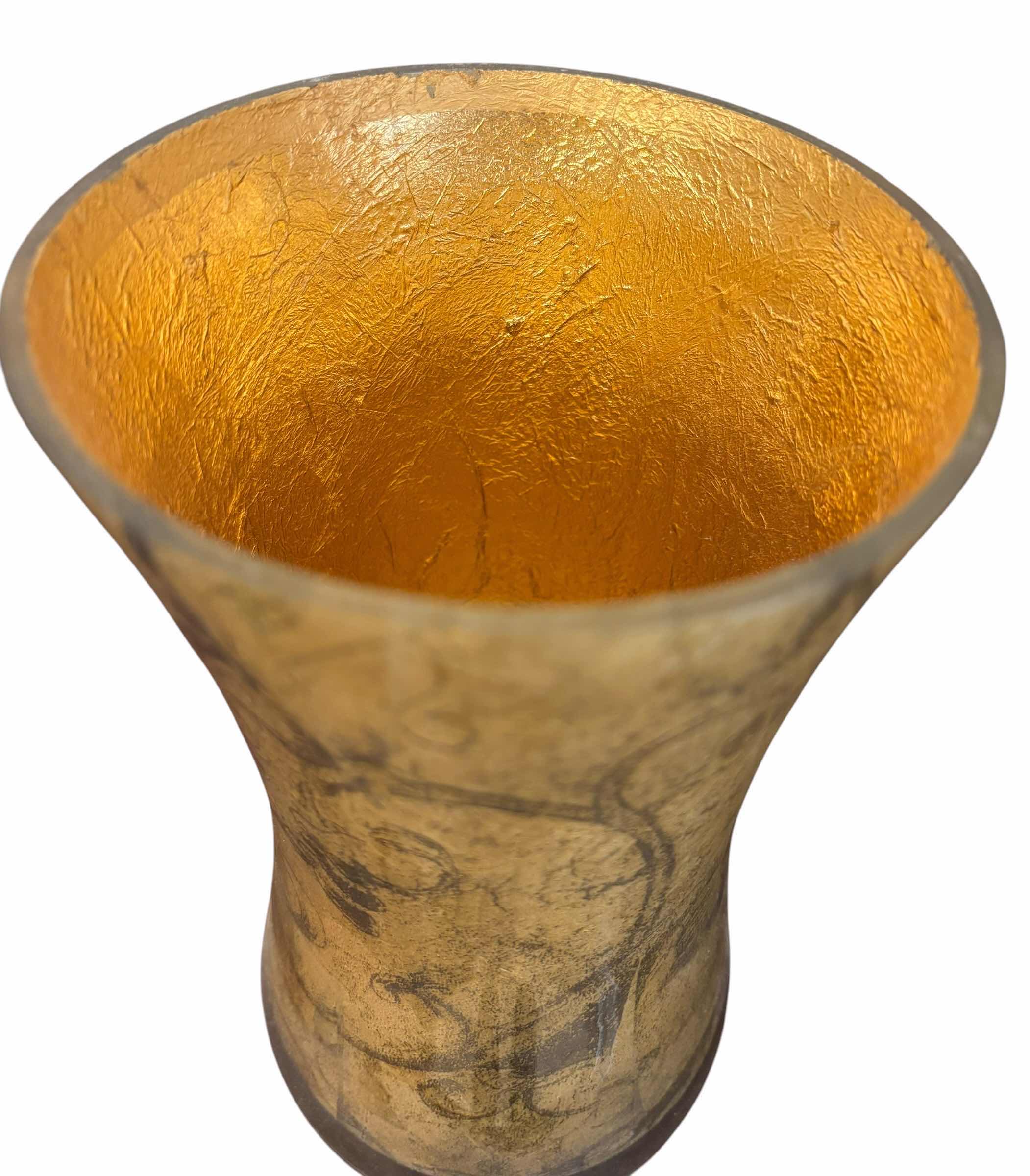 Photo 1 of GLASS VASES DISTRESSED GOLD LEAD FINISH W ETCHED SCROLLWORK DESIGNS H8” (2)