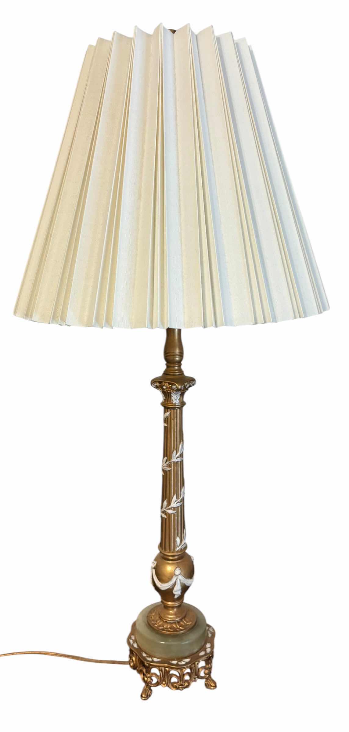 Photo 1 of VINTAGE REMBRANDT LAMP WITH GREEN ONYX BASE & ORNATE GILT METAL FOOTED STAND H29”