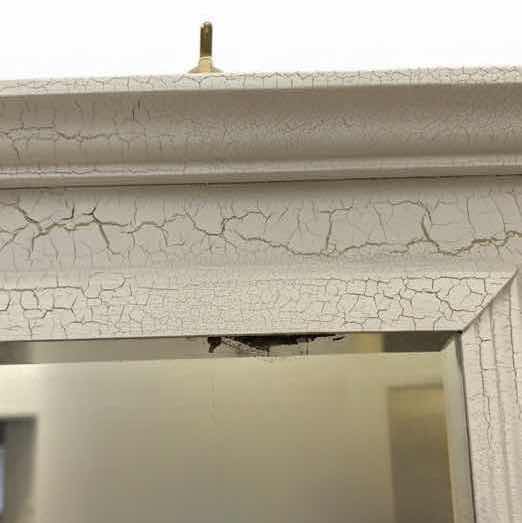 Photo 1 of VINTAGE SHABBY CHIC RUSTIC WHITE CRACKLE WALL MIRROR W/HOOKS FOR TOWELS OR BRUSHES 14”X2.5”H14.5” $100