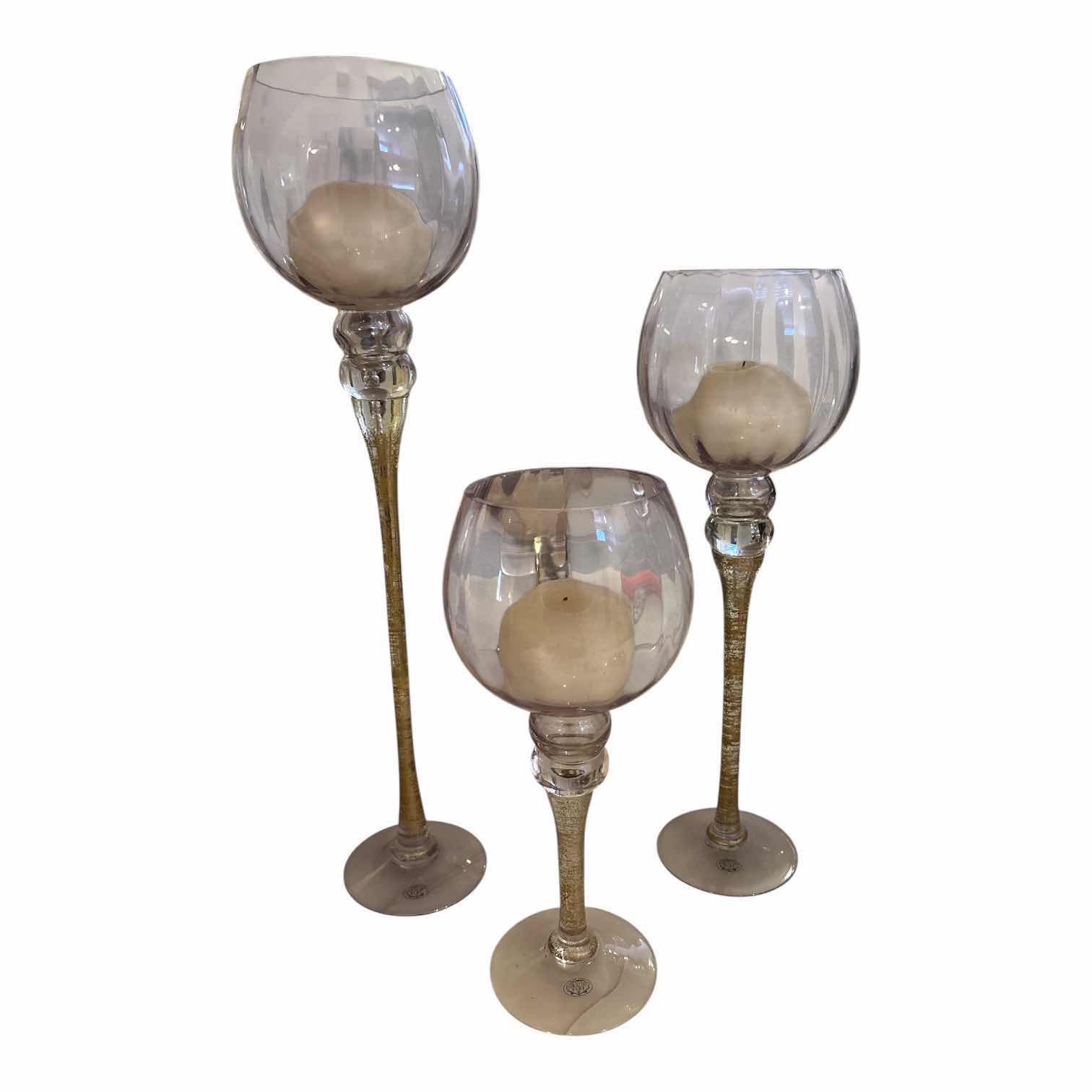 Photo 1 of (3)PCS HOME ESSENTIALS LIGHT LAVENDER SPECKLED GLASS HURRICANE CANDLE HOLDERS H19.75”