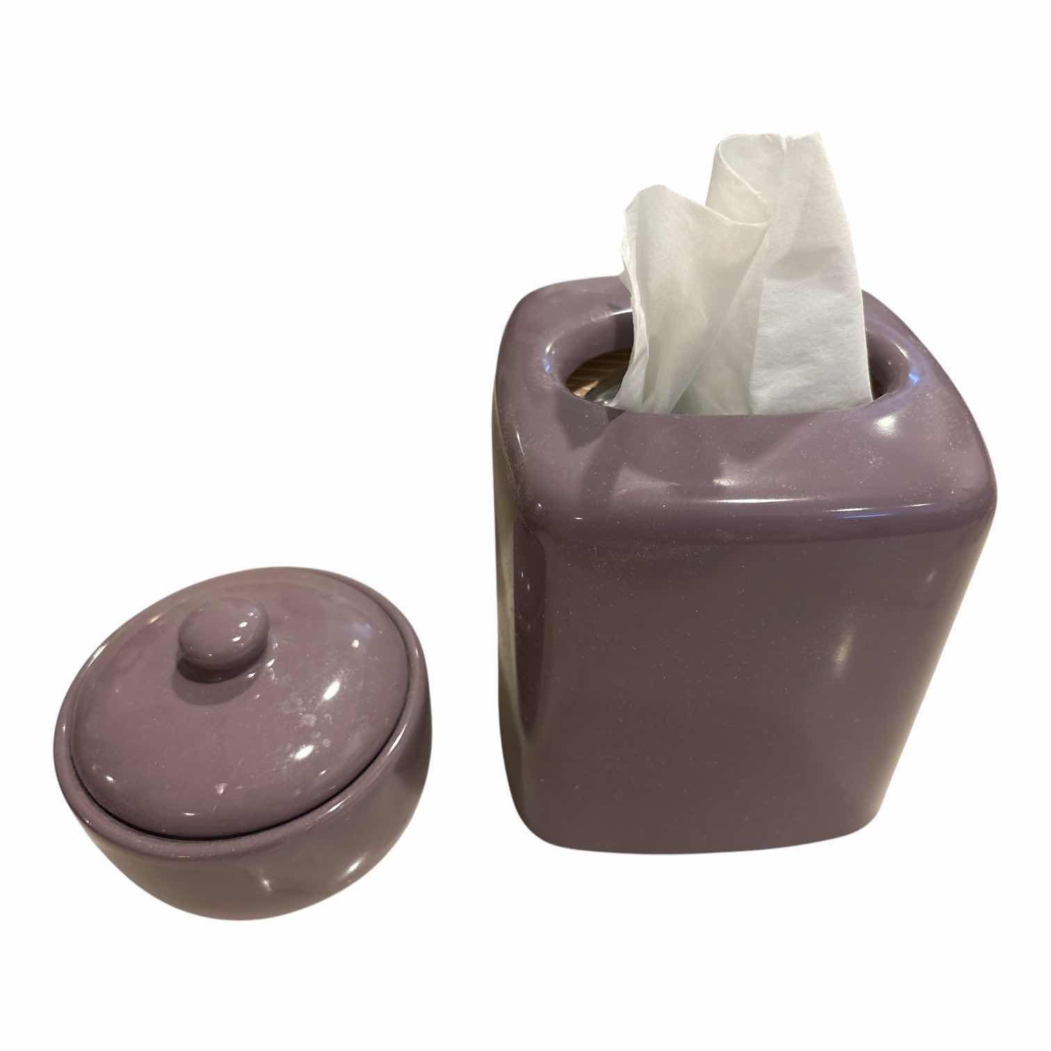 Photo 1 of (5)PCS CERAMIC LAVENDER BATHROOM ACCESSORIES AND PLASTIC KLEENEX COVER