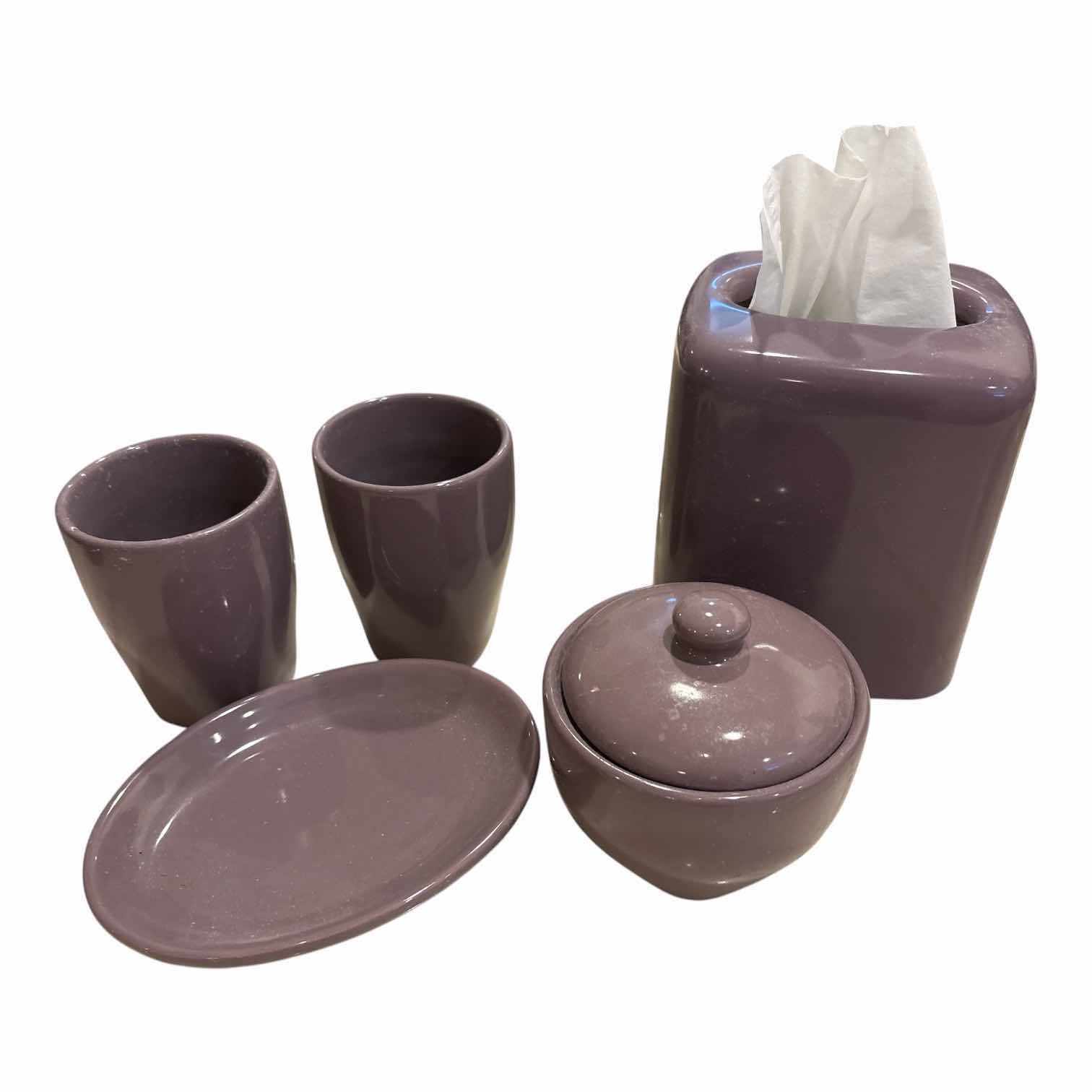 Photo 1 of (5)PCS CERAMIC LAVENDER BATHROOM ACCESSORIES AND PLASTIC KLEENEX COVER