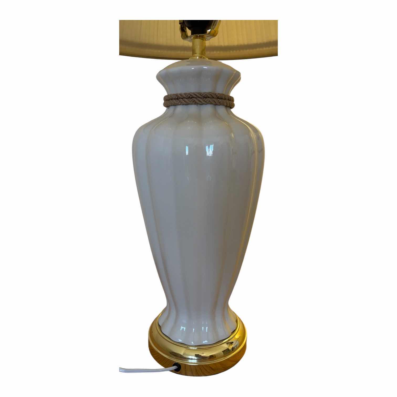 View 2 of BEIGE FINISHED FLUTED CERAMIC BODY W BRASS BASE & PLEATED SHADE TABLE LAMP H29”